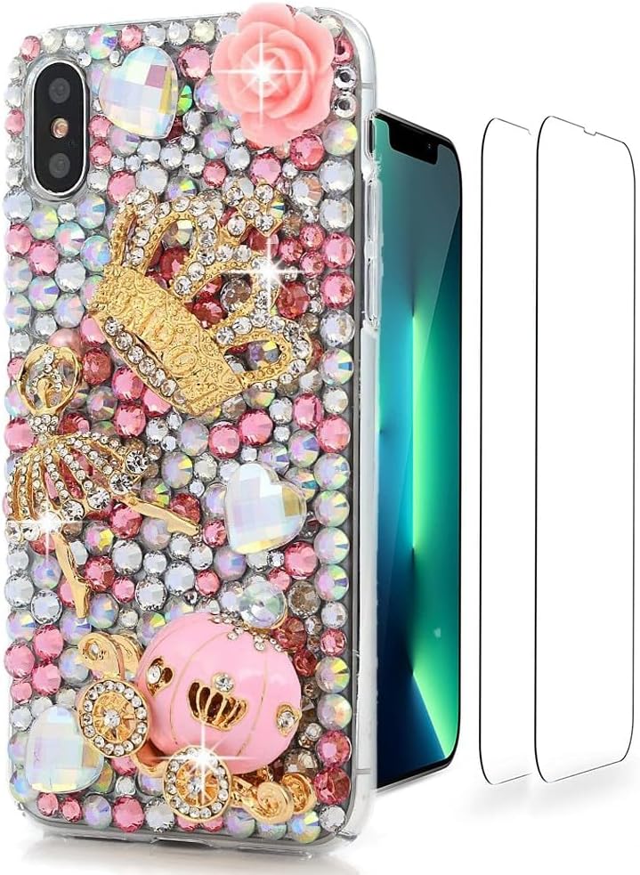 Glitter Wallet Phone Case Compatible with iPhone 15 Pro Max - 3D Luxury Girls Women Shiny Handcrafted Leather Cover with Screen Protector (2 Pack) - Pink Crown Ballet Girl Pumpkin Car