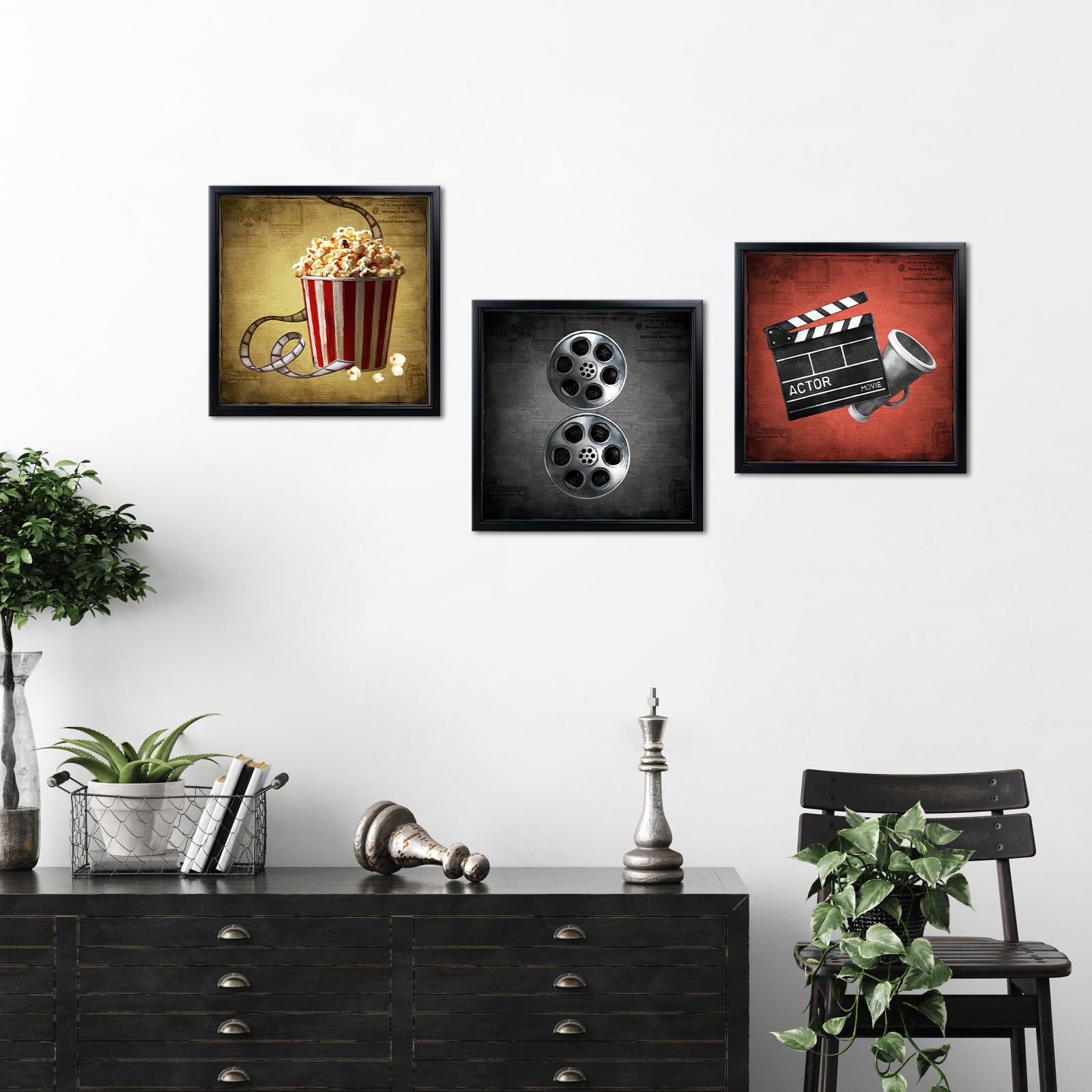 Saypeacher Filmkino-Wandkunst-Set, Leinwanddrucke mit Popcorn-Filmrolle und Schindeln, schwarzer Rahmen, für Heimkino, Zimmer, Schlafzimmer, Dekoration, 30,5 x 30,5 x 30,5 cm, 3 Stück