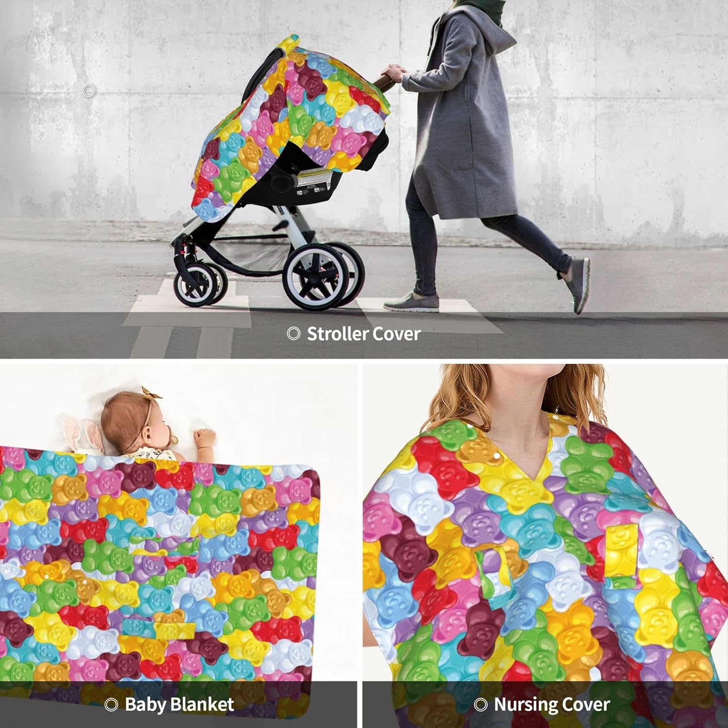 Gummy Bears Candies Baby Car Seat Cover & Breastfeeding Nursing Cover - Breathable Stretch Fabric Multi-Use Nursing Cover for Breastfeeding
