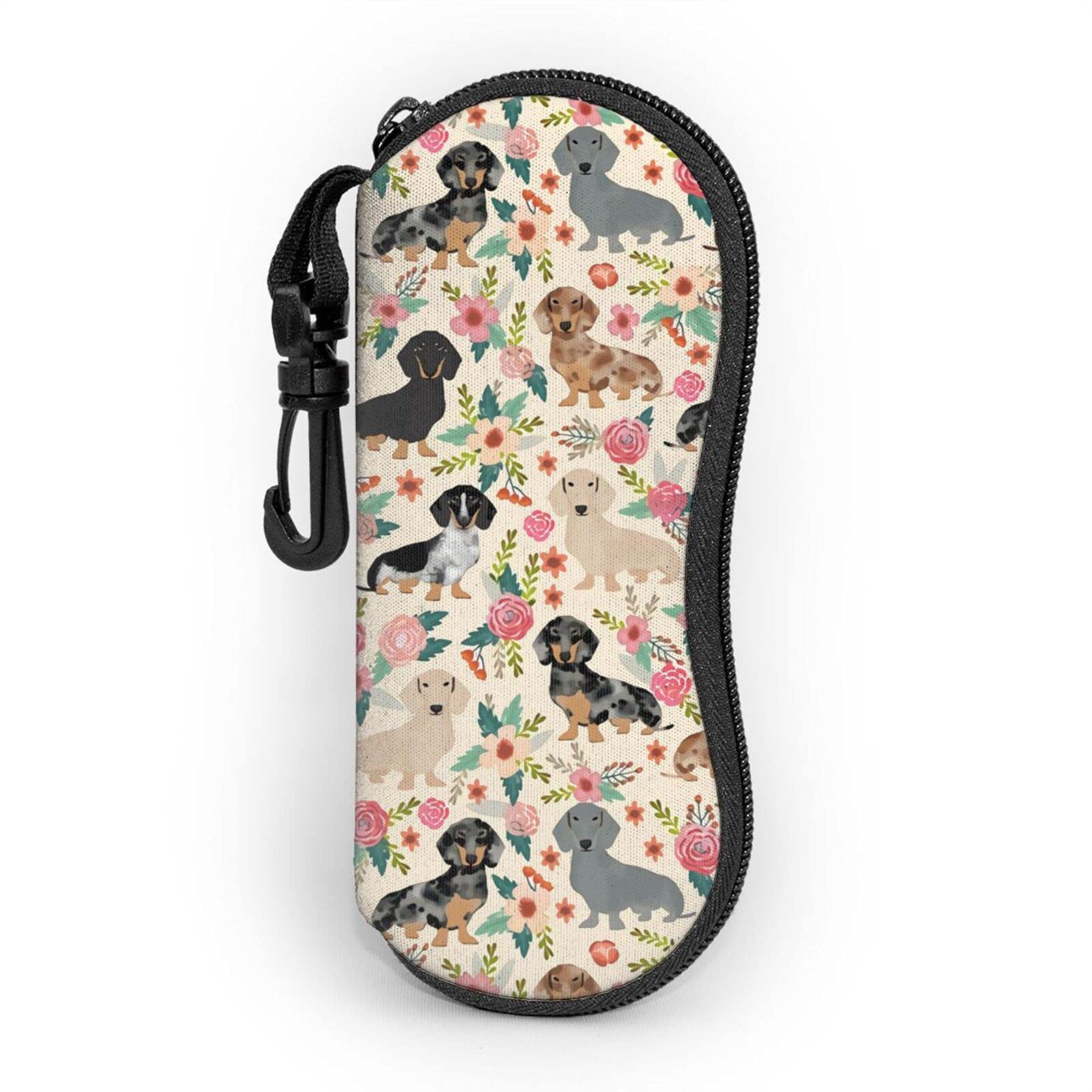 AOOEDM Dachshund Sausage Dogs Pink Flowers Print Fashion Glasses Case Cover Soft Sunglasses Case Portable Travel Eyeglass Case Pouch with Belt Clip for Women Men