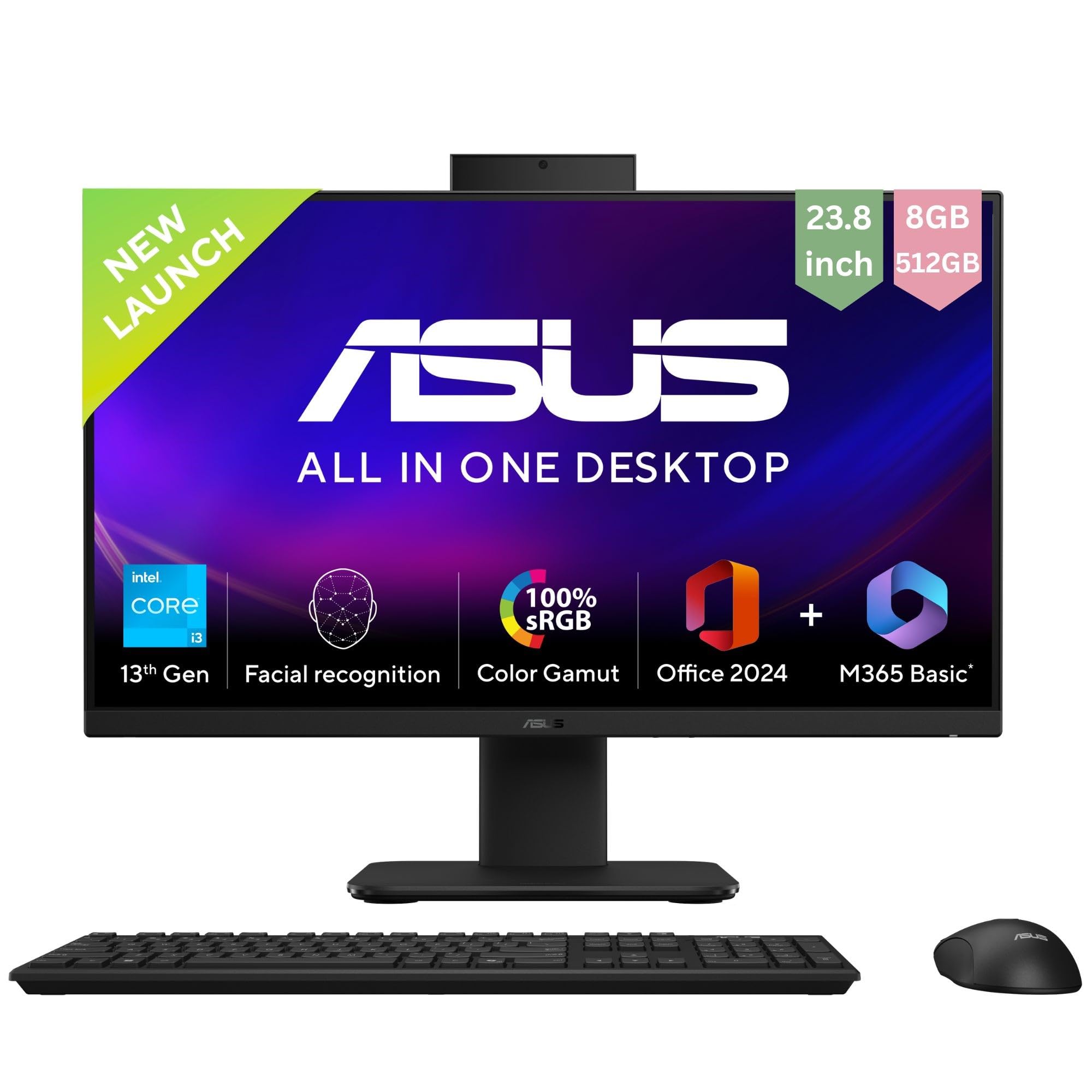 ASUS V440 13th Gen,Intel Core i3-1315U,23.8" FHD,100Hz, All in One PC(8GB RAM/512GB SSD/Windows 11/Office 24/Retractable Camera/with Wireless Keyboard & Mouse/M365 Basic (1Year)*) V440VAB-KBPC004WS