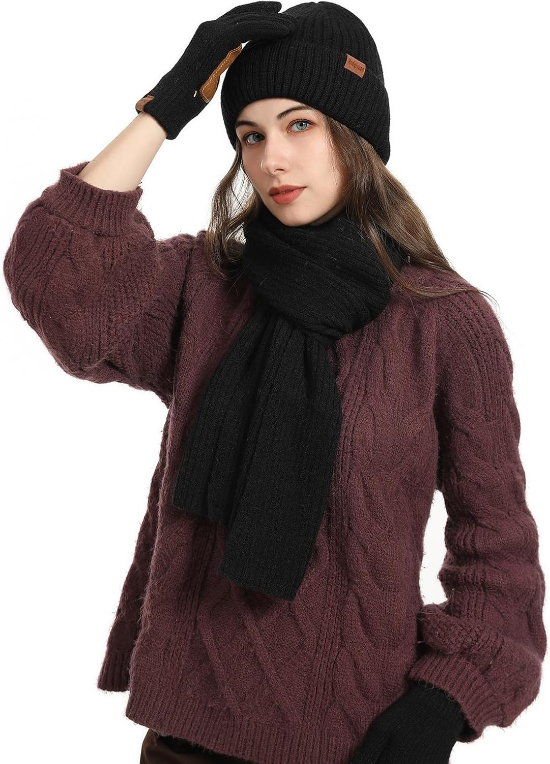 3PCS Winter Beanie Hat Scarf Touchscreen Gloves Set for Men & Women, Knitted Fleece Lined Hats Gloves Long Scarf - Image 5