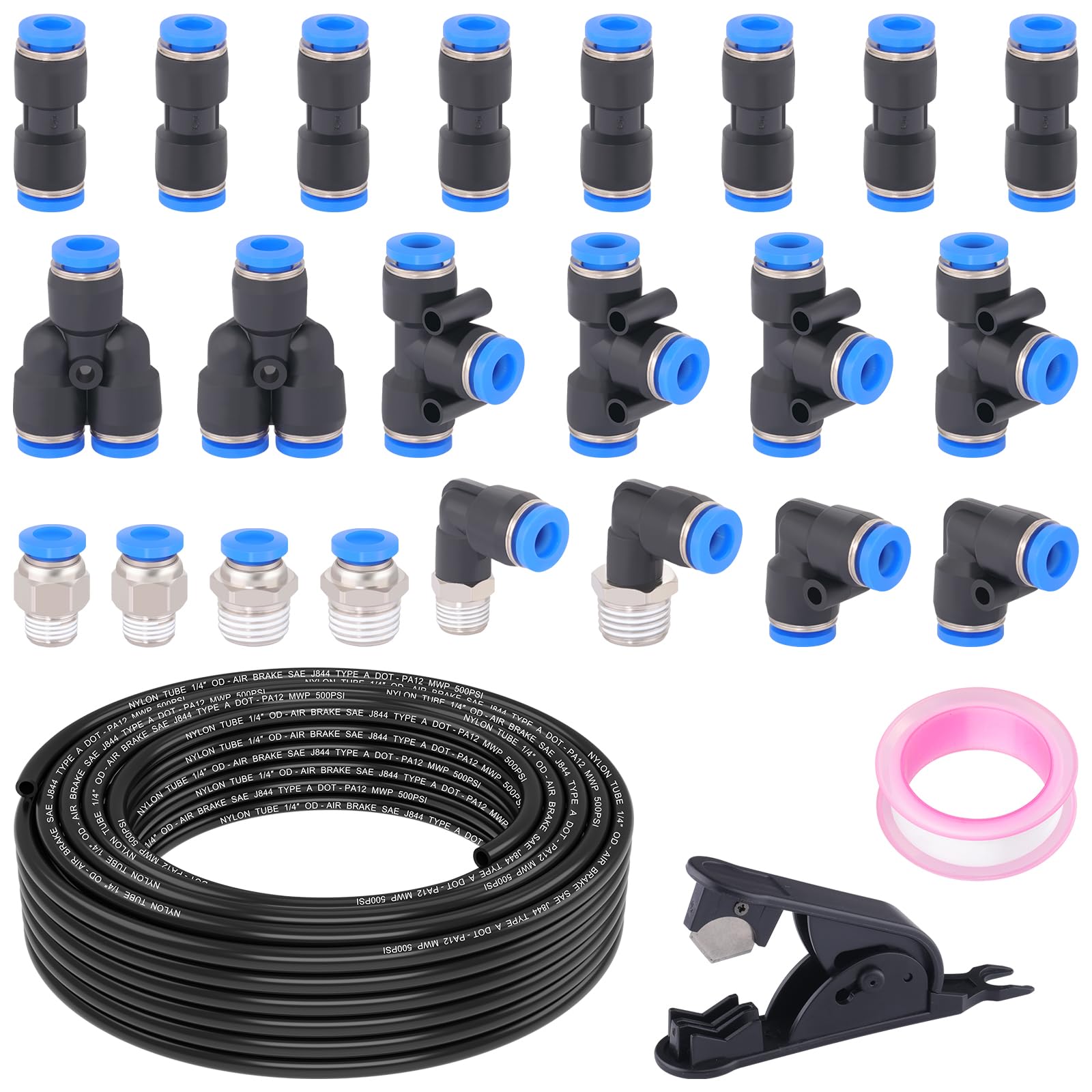 XaXmTee 1/4" DOT Air Line with 24 Pcs Quick Connect Air Fittings Kit 50FT 1/4 DOT Air Lines with Push Lock Air Line Fittings Pneumatic Push to Connect