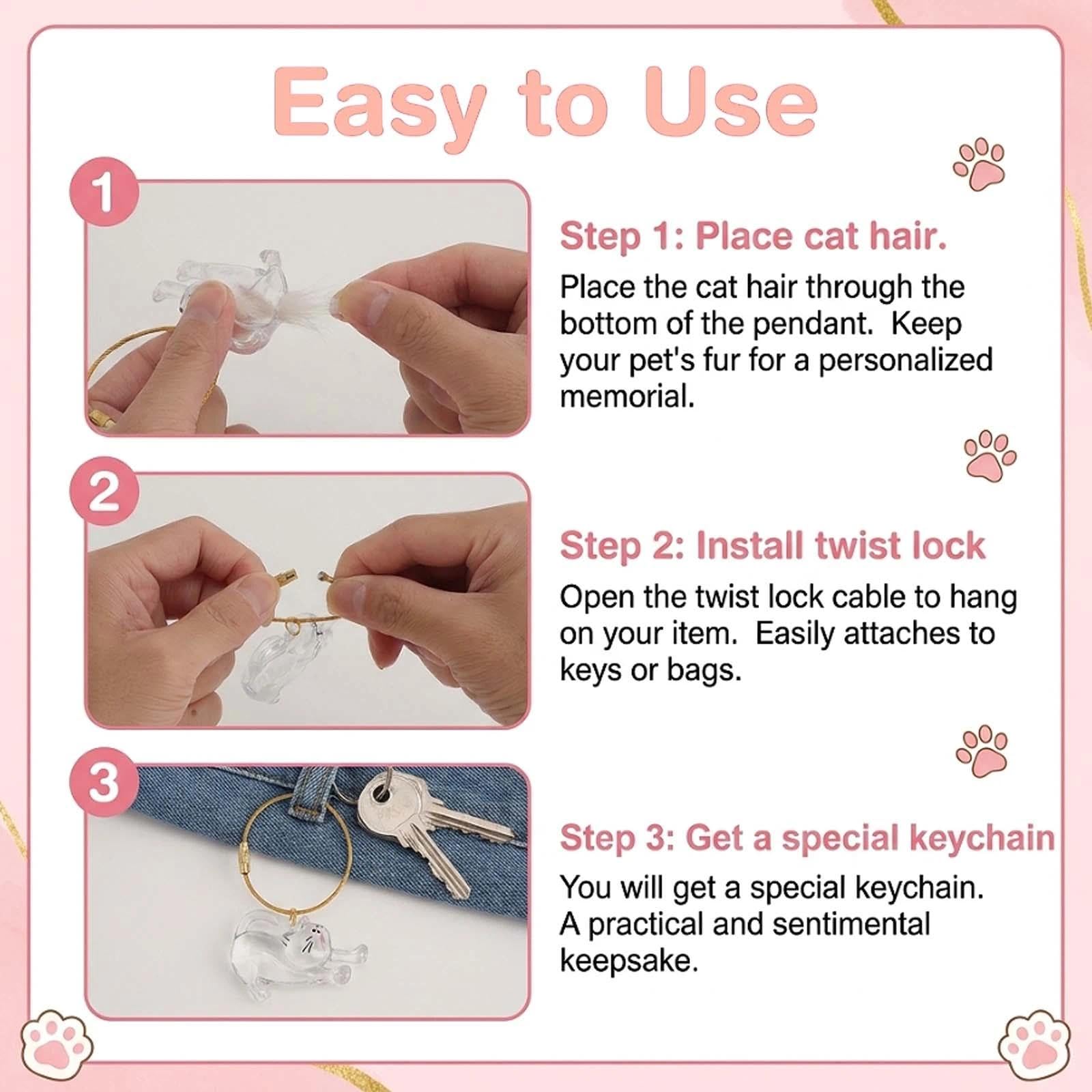 Boîte à Souvenirs pour Poils d'animaux de Compagnie, Porte Clef Chat, Porte Clé Chat, Porte-Clés Souvenir de Poils d'animaux de Compagnie pour Amoureux des Animaux Souvenir Chien Chat Décédé
