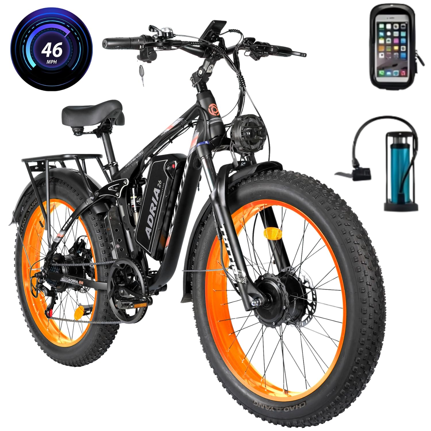TUTTIO 5000W Peak Dual Motor Ebike, 40-46MPH Electric Bike for Adults, 52V 25AH Long Range Dirt Bike, 26" Fat-Tire Hunting Ebike, Full Suspension Mountain Bike for Off-Road Snow
