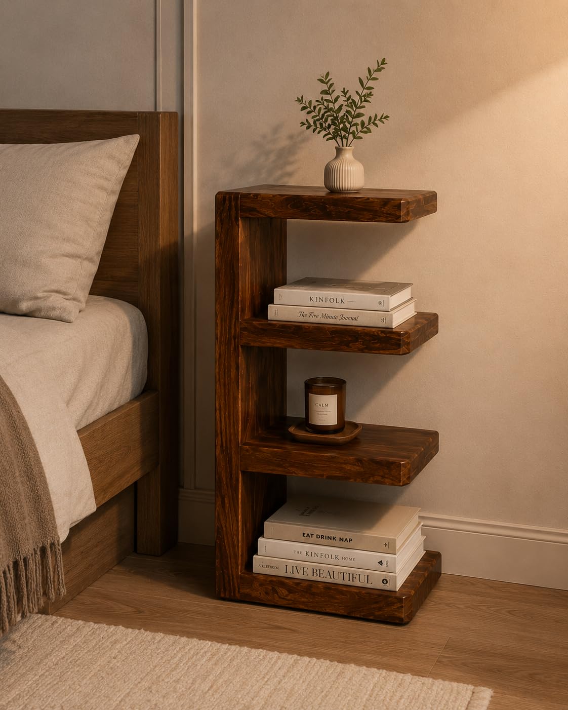 Wooden Bedside Rack Bookcase Walnut Finish Storage Shelf Multi Tier Side Table Display Organizer for Bedroom Living Room Study Home Office-image-19