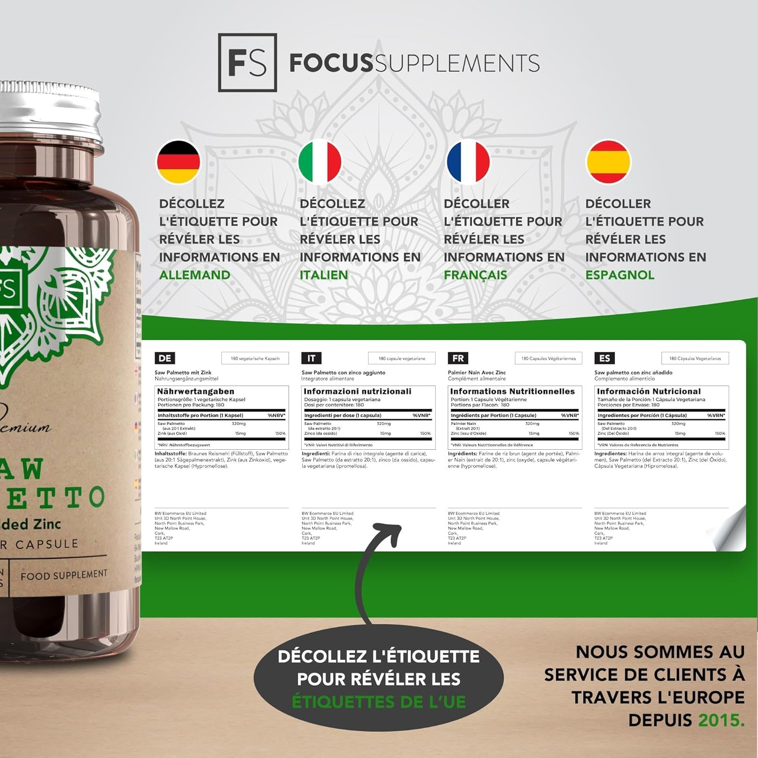 FS Saw Palmetto | Prostate Complément Alimentaire 180 Gélules - Haute Teneur 320mg Saw Palmetto Cheveux avec 15mg Zinc Palmier Nain Gélules (extrait 20:1) par Portion | Sans OGM