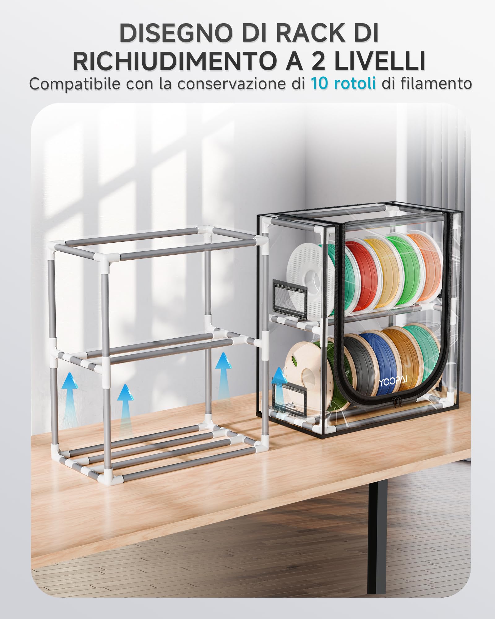 YOOPAI Scatola Portafilamenti per Stampanti 3D, 2 Ripiani in Metallo con Coperchio Trasparente & Essiccante – Per 12 Bobine (PLA, ABS, PETG, TPU), Design a Tenuta, Compatta per Officina e Casa