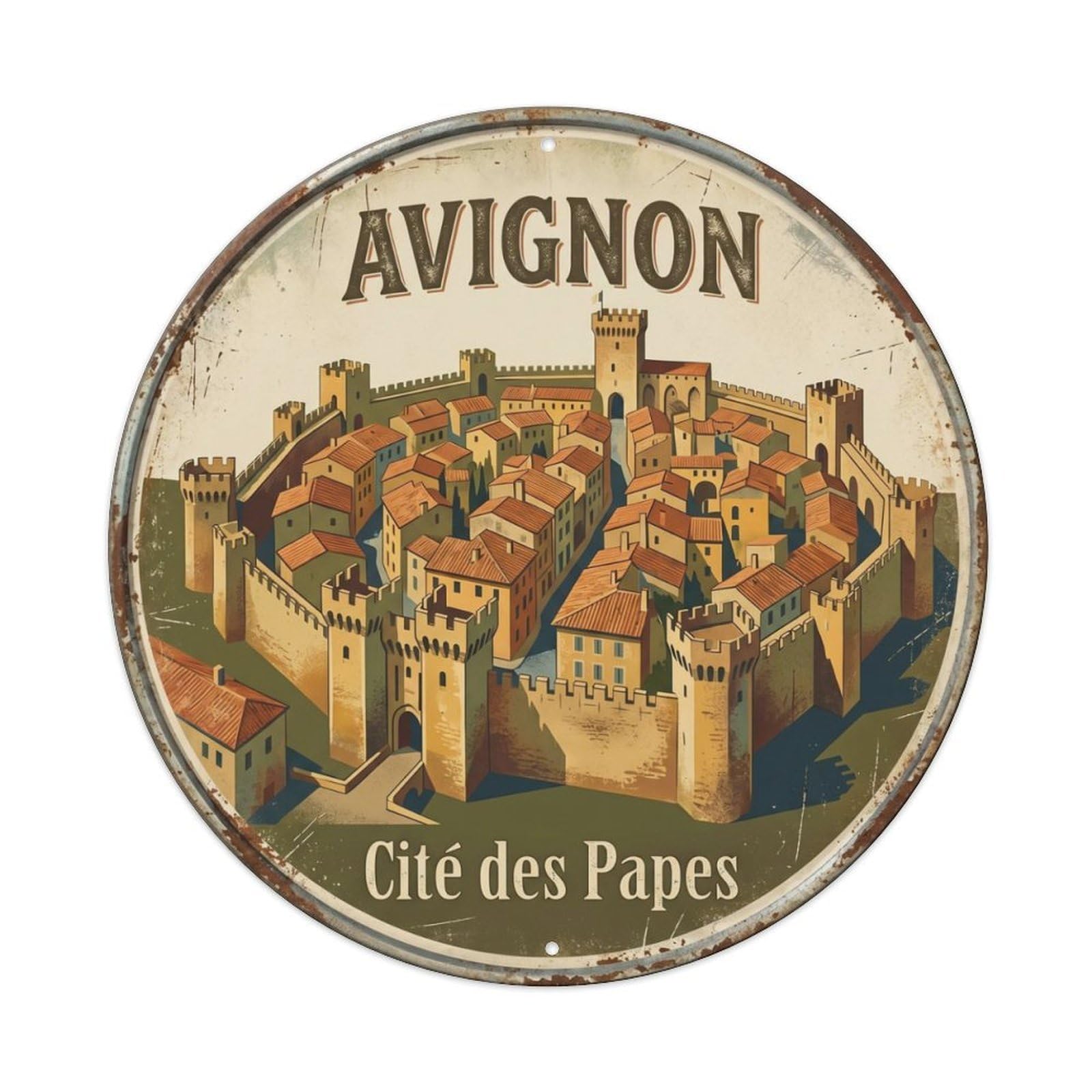 Vintage Travel Walled Avignon Ramparts Metal Tin Sign Plaque Wall Decor for Cafe, Club Bar, Office, Home Garden Round Metal Poster 8x8Inch