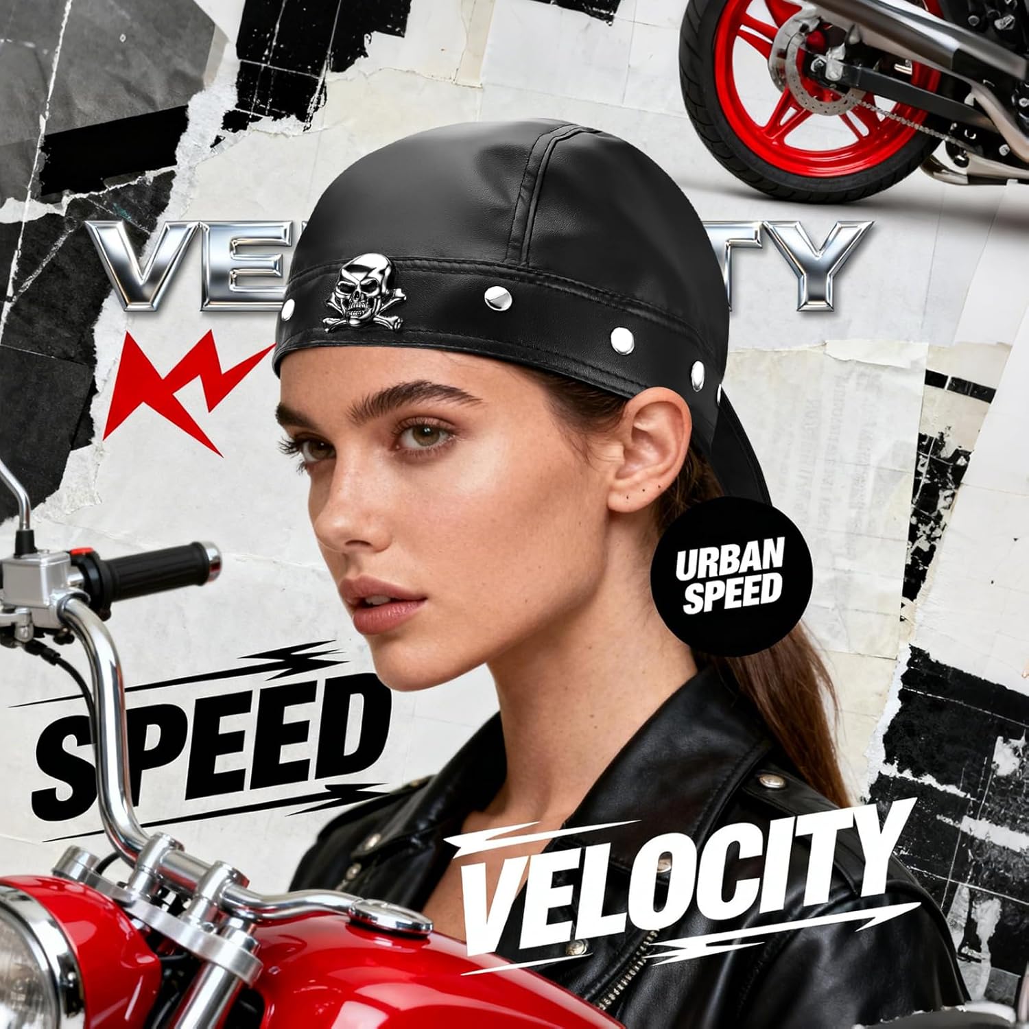 Biker Cap Leather Head Wraps for Women Black Bandana Skull Cap Adjustable Motorcycle Biker Black Leather Bandana Motorcycle Accessories for Women Stylish Biker Head Wrap Doo Rag - Image 6