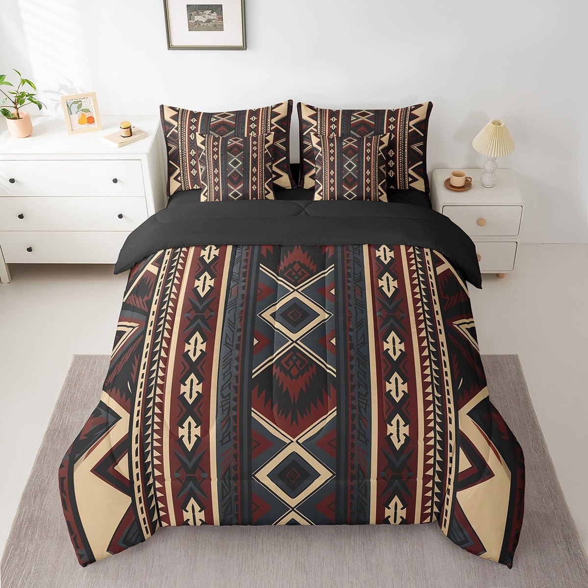 Feelyou Boho Bed Set for Kids Adult Boys Girls Full Size Tribe 7 Pieces Beeding Set Ultra Soft Geometric Striped Bed in a Bag with Comforter, Sheets, Pillowcases Exotic Nordic Style Bohemian