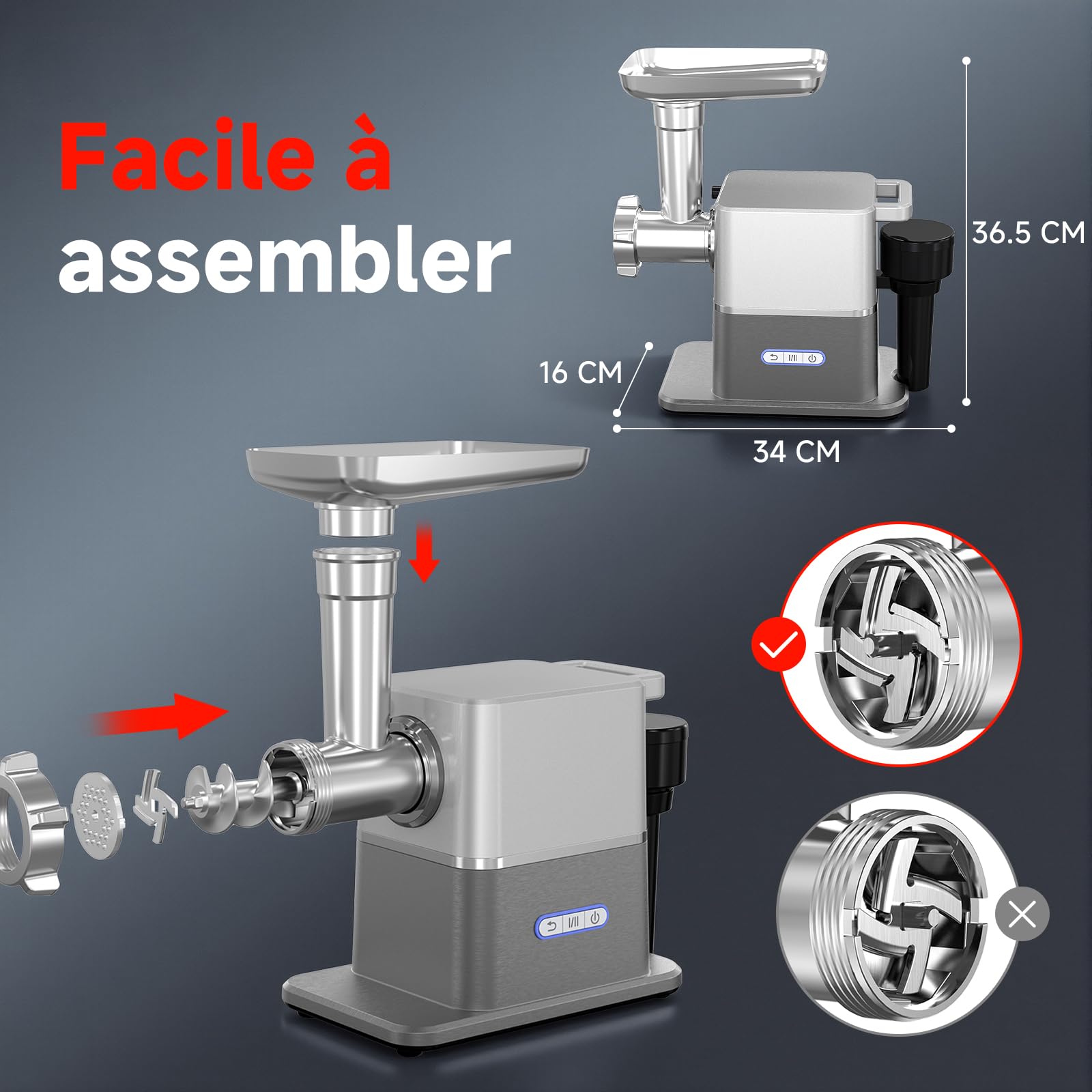 AAOBOSI Hachoir à Viande Électrique Silencieux, 3000 W Max Avec Moteur DC, Seulement 60 dB, Poussoir De Nourriture Rangement Intégré – Hachage, Fabrication De Saucisses & Kibbeh, Usage Domestique