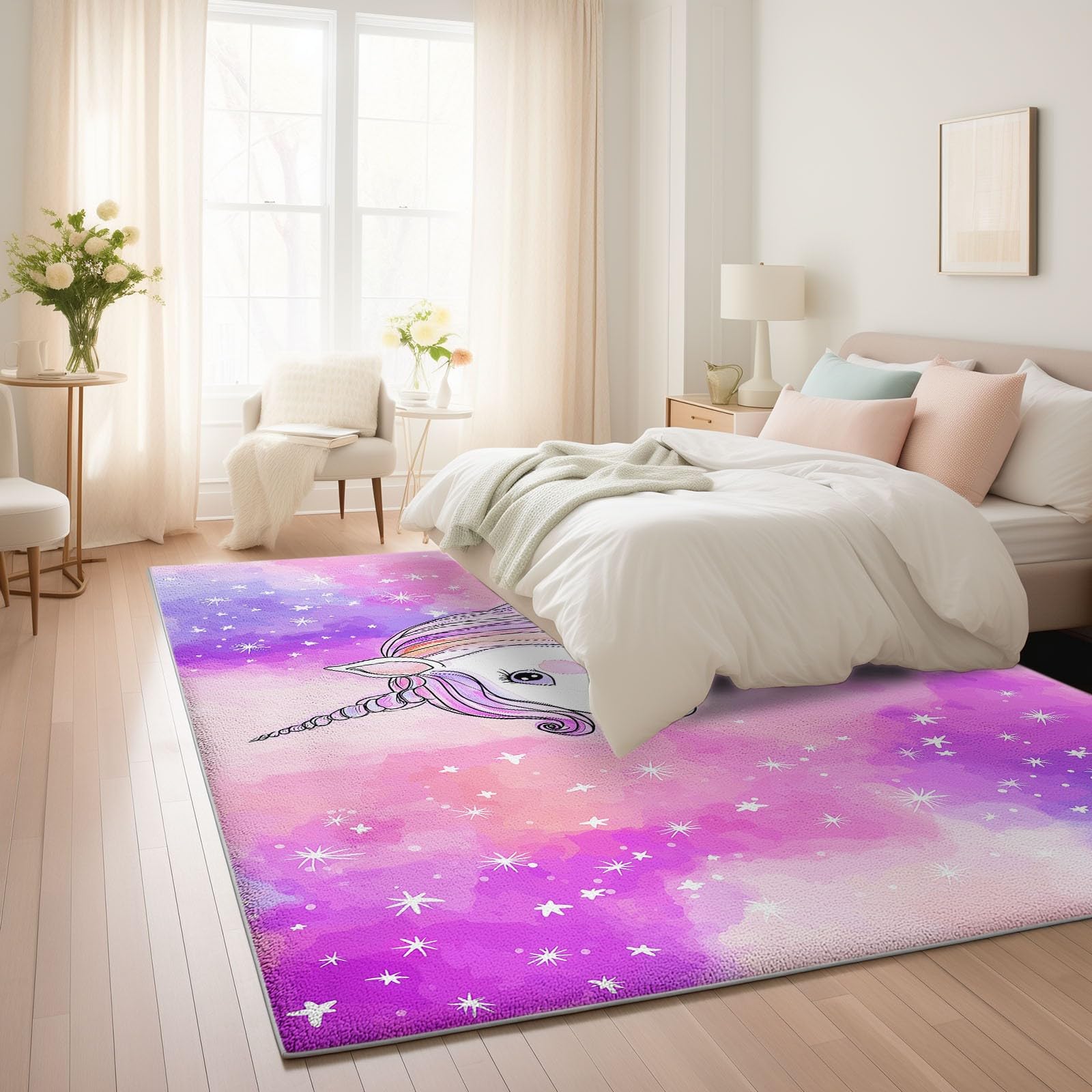 Generisch Teppich Maschinenwaschbar 160 x 230 cm Sterne Tiere Handgezeichnet, Weich rutschfest & Fusselfrei, Großer Teppich für Flur Schlafzimmer Wohnzimmer Gastzimmer Esszimmer, Tiefrosa