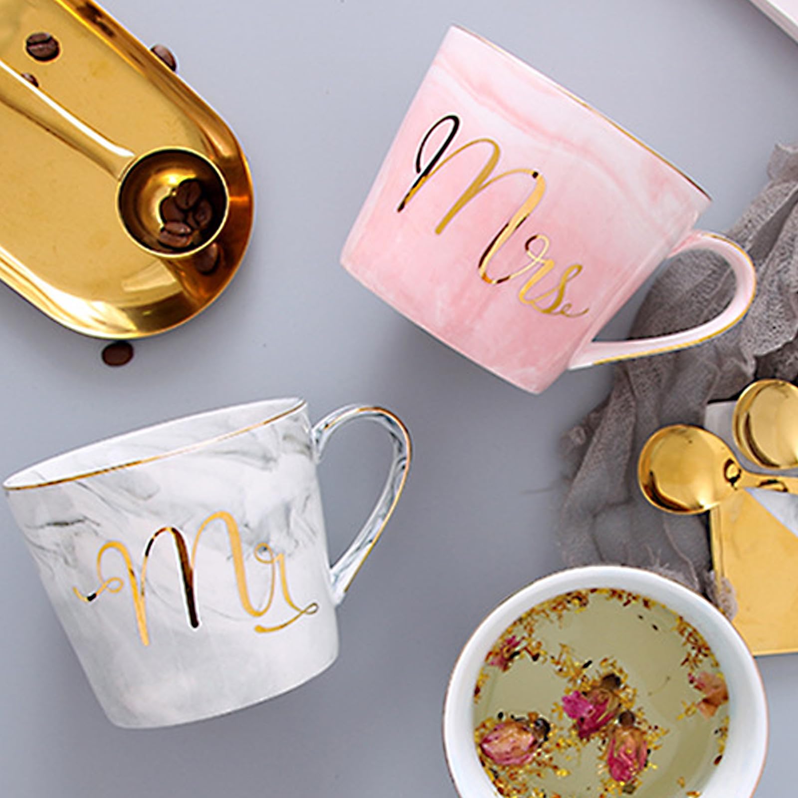 Gadpiparty Ensemble de 2 Tasses à Café en Céramique Effet Marbre Grosse Ouverture, Facile à Nettoyer, Cadeau Créatif pour Couple Lors des Fiançailles ou Mariage