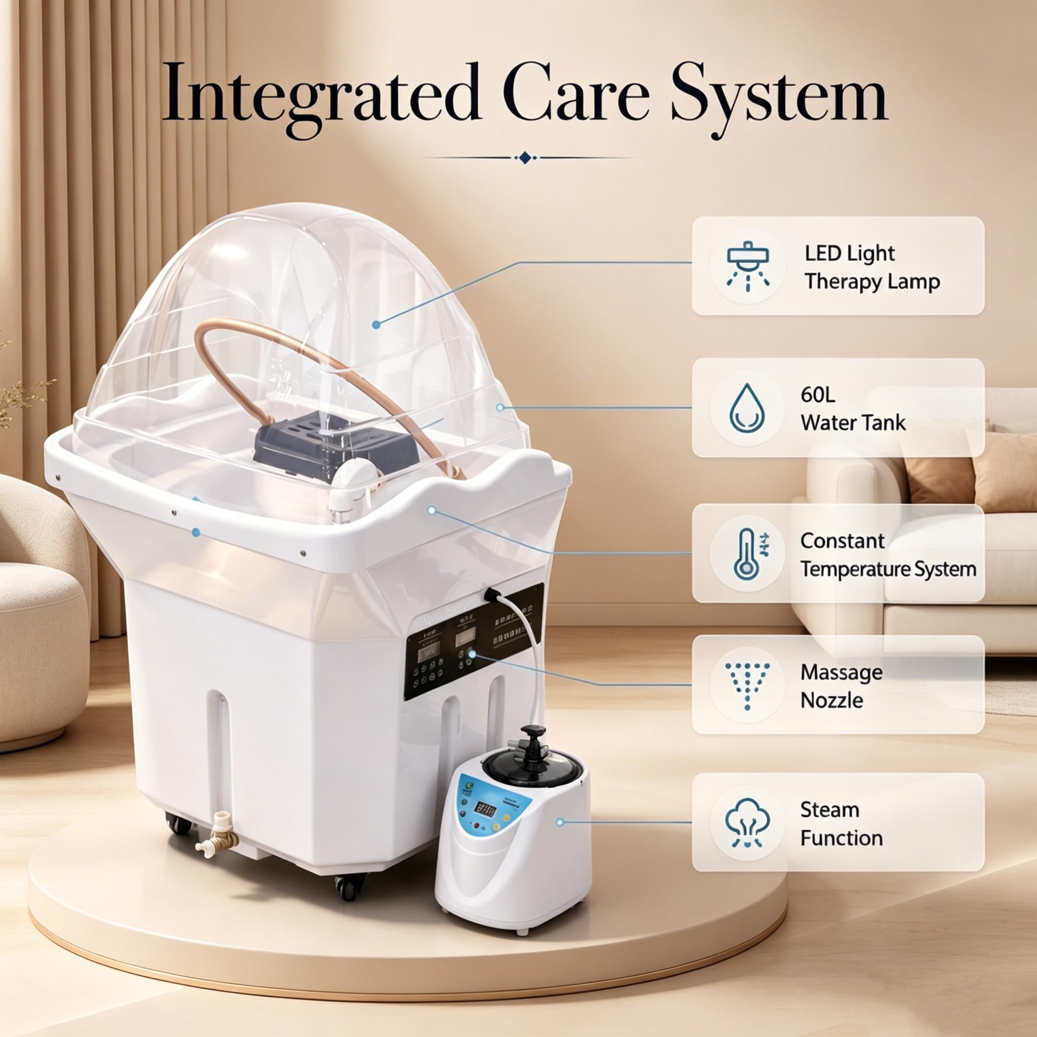 Japanische Head-Spa-Ausrüstung, Shampoo-Becken mit doppelter Wasserzirkulation, mit 60-Liter-Wassertank, Begasungsfunktion und Lichttherapie, Spa-Ausrüstung Friseure