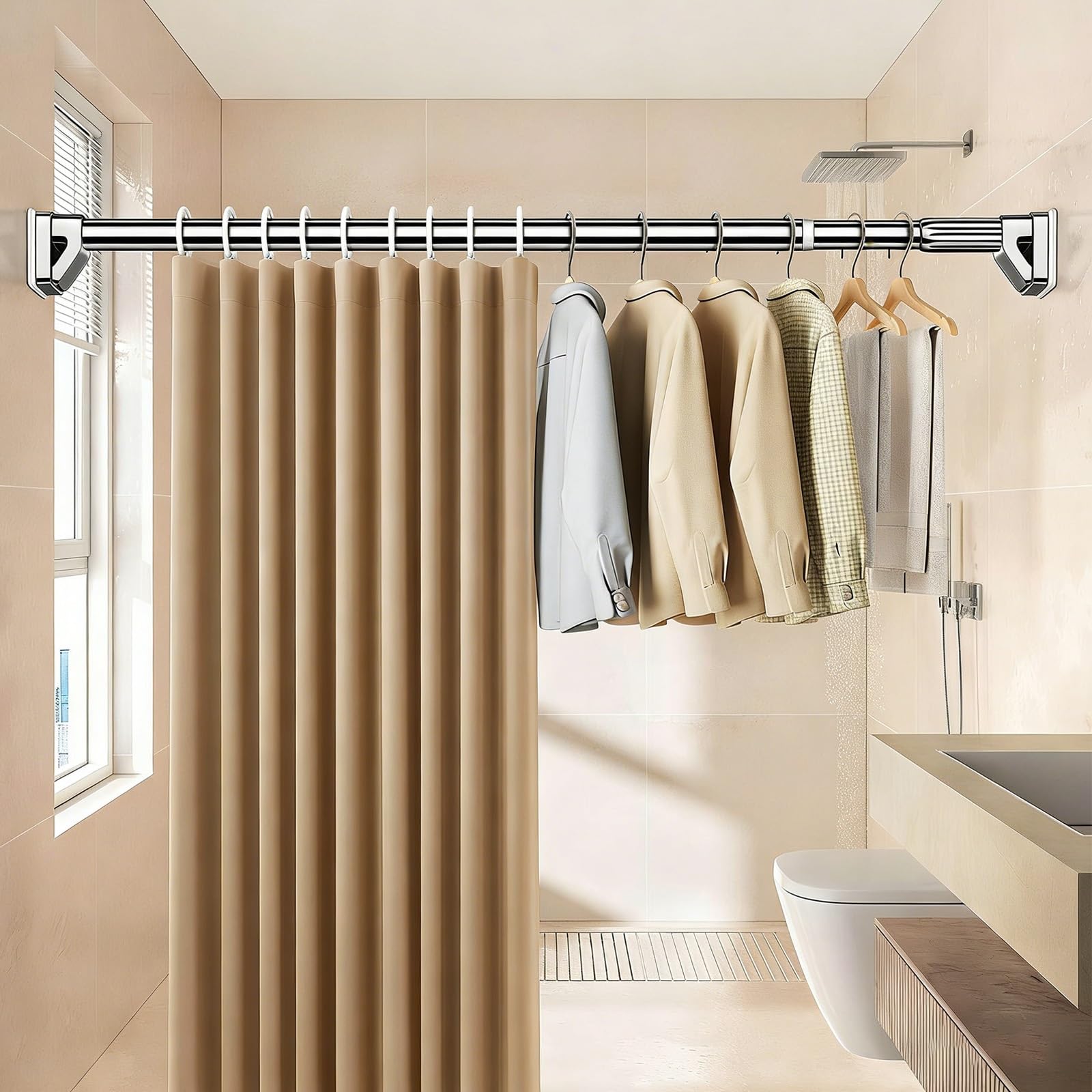 Bastone Tenda a Pressione senza fori, Bastone per Tende Estensibile 40-500cm, Asta per tenda da doccia in acciaio inox antiscivolo per Bagno Armadio Balcone Cucina(Black,260-350CM)