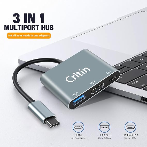 3 in 1 USB C to HD Multiport Adapter with 100W PD Fast Charging