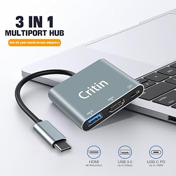 3 in 1 USB C to HD Multiport Adapter with 100W PD Fast Charging