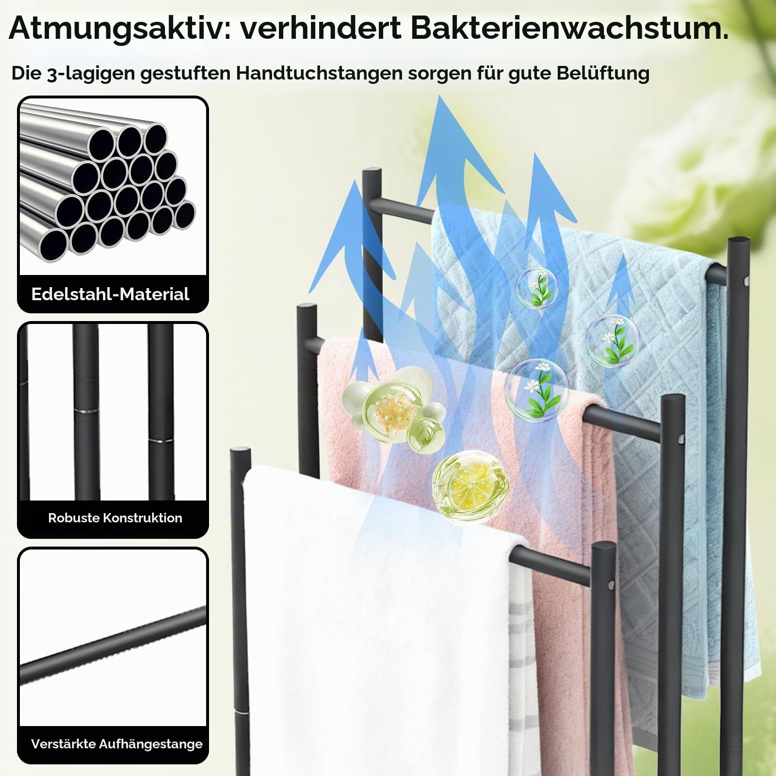Handtuchhalter Stehend mit Rollen, Metall Handtuchständer mit 3 Stangen, Freistehend Badetuchhalter für Badezimmer Ohne Bohren mit Regalen, Platzsparender Handtuchstange für Badezimmer, Wohnzimmer