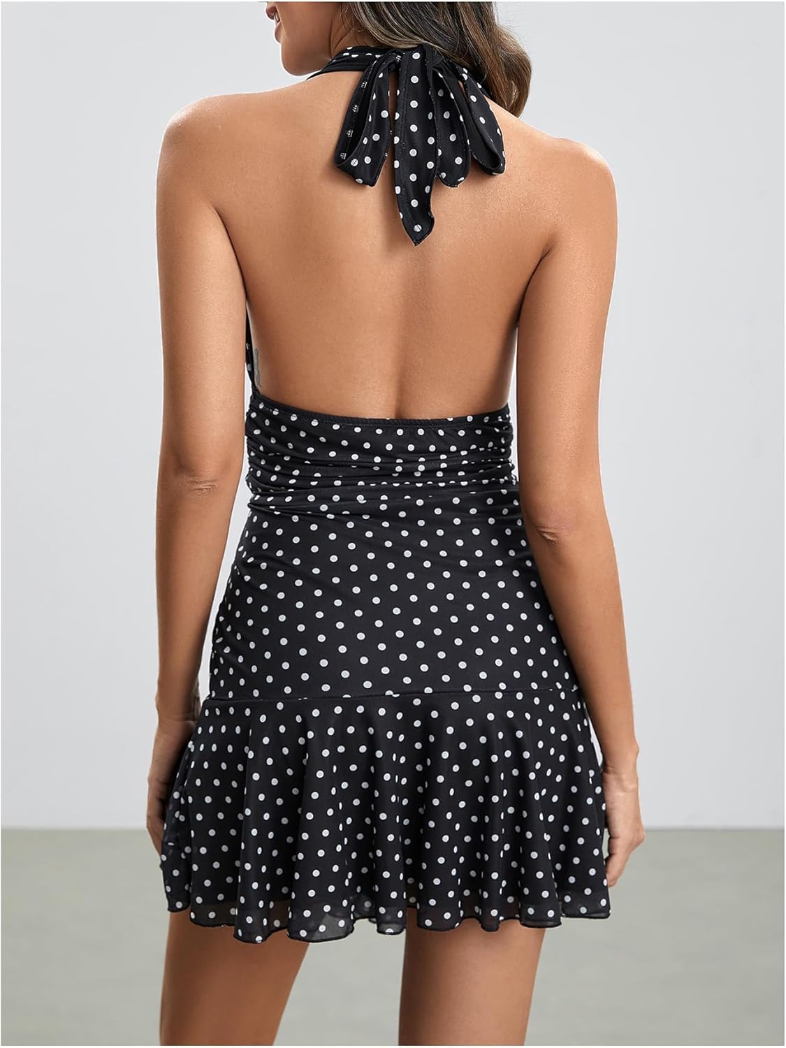 Women's Polka Dots Ruched Backless Halter Mini Dress Deep V Neck Ruffle Hem Short Tank Dresses - Image 2