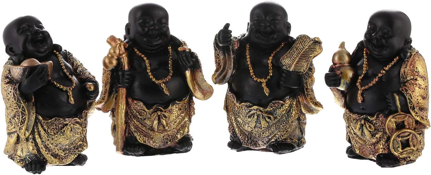 Prime Feng Shui Statue for Wealth and Protection 4 PCS Black Laughing Buddha with Golden Kasaya Figure Set Car Ornaments Home Office Decoration