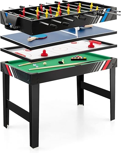Goplus Mesa de juego combinada 4 en 1, multijuego de 49 pulgadas con fútbol, hockey de aire, billar, mesa de ping pong, futbolín, mesa de billar