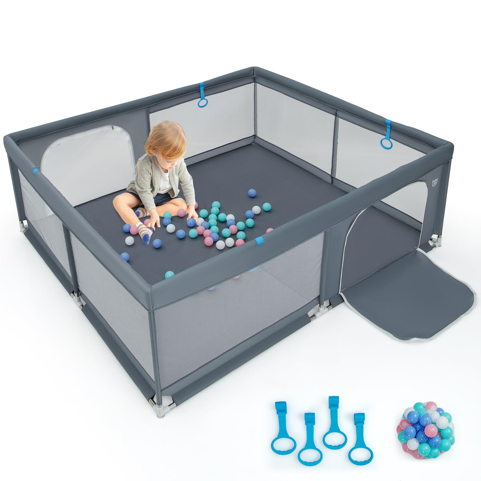 DREAMADE Parc Bébé avec 4 Anneaux à Main,Clôture Tout-Petits 0-36Mois en Tissu Oxford avec50 Balles&Sac de Transport&Maille Respirante&Porte à Fermeture Éclair (200x180x68cm, Gris Foncé)