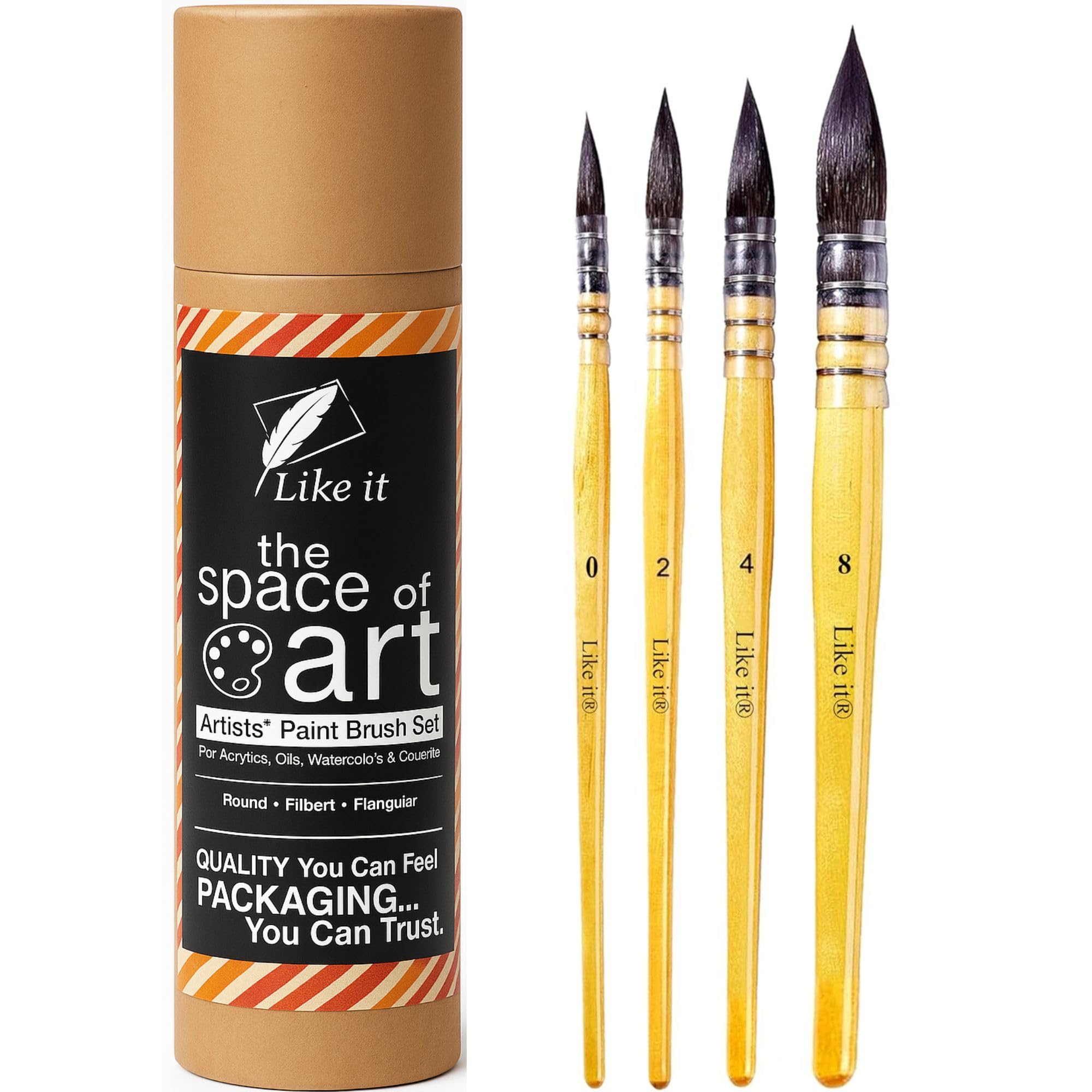 Like it Synthetic Hair Professional Watercolor Paint Brush, Round Pointed Paintbrush Set for Fine Details, Watercolor, Acrylic, Gouache Painting (4 Brushes) (Brown)