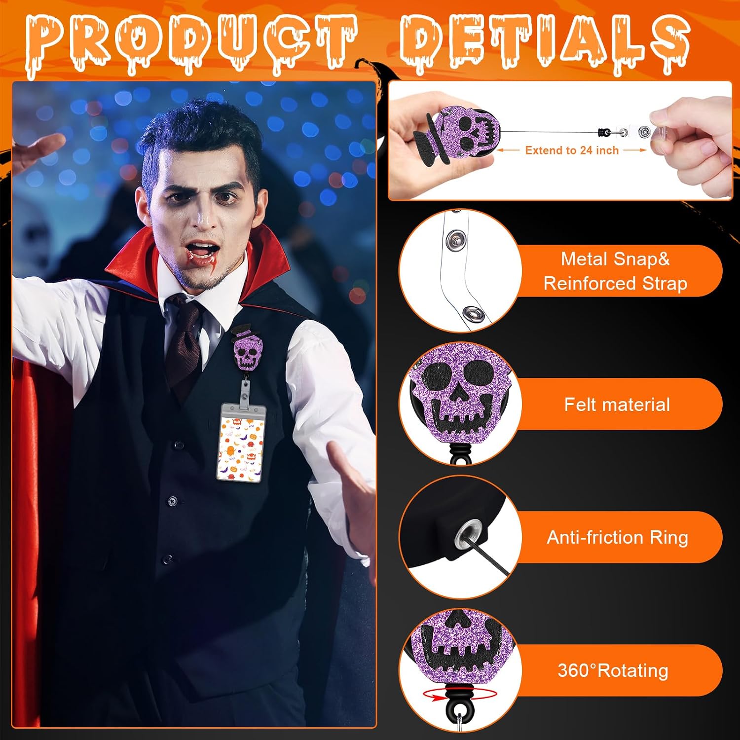 Tinlade 24 Pcs Halloween Badge Reels Retractable Felt Badge Holder with ID Name Clip Cute Ghost Fall Pumpkin Bat Skull Holiday Nurse Glitter Badges Reels for Nurse Doctor Teacher Students Gifts
