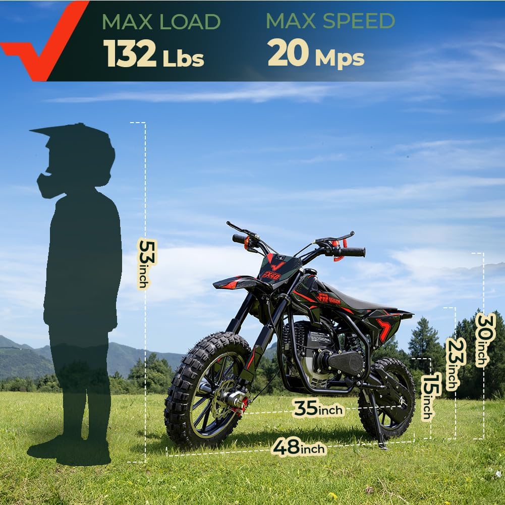 FRP FX40 40CC Gas Dirt Bike for Kids 8-12, 4-Stroke Off-Road Mini Motorcycle, 20 MPH Max Speed, Easy Pull Start, No Oil Mixing Engine, Dual Disc Brakes, 132 LBS Rider Capacity,Black