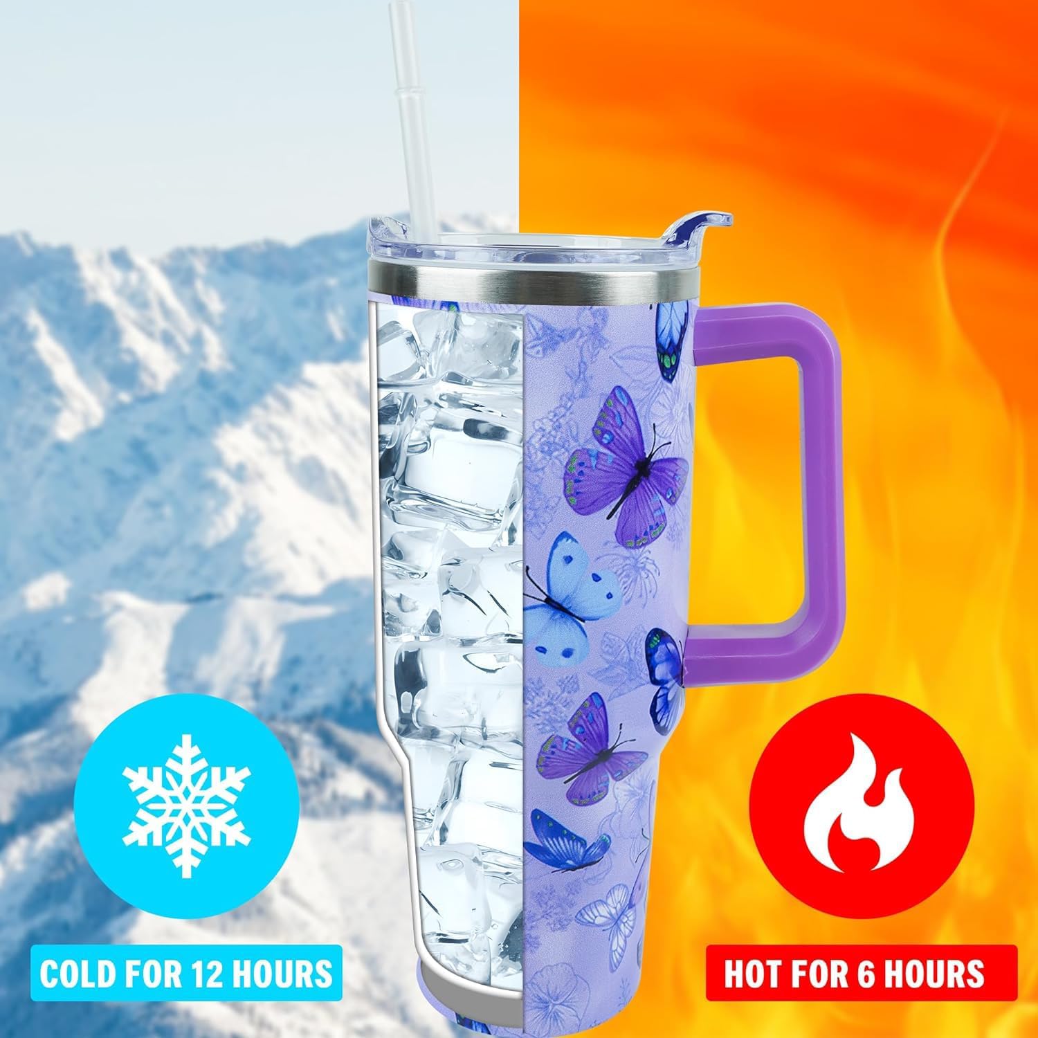 40 oz Purple Butterfly Tumbler with Handle and Straw, Travel Mug Water Bottle, Stainless Steel Insulated Cup with Lid and Straw, Birthday Christmas Gifts - Image 2