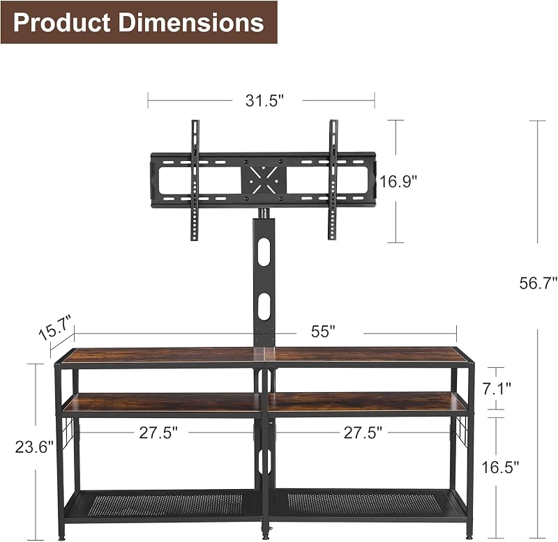 VECELO 55" TV Stand with Mount, Universal Swivel TV Console for 32-75 inch TVs, Entertainment Center with Storage Shelves, for Living Room, Bedroom, Antique Brown image 2