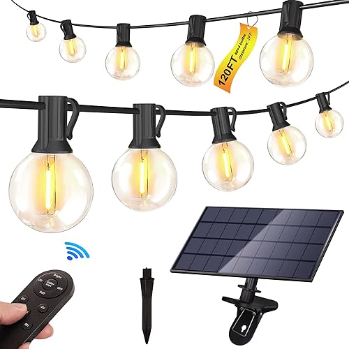 Miniatura 10 de Stright Cadena de luces alimentada por energía solar de 100 pies con control remoto 8 modos de luz, bombilla LED ST38 resistente a la intemperie y a