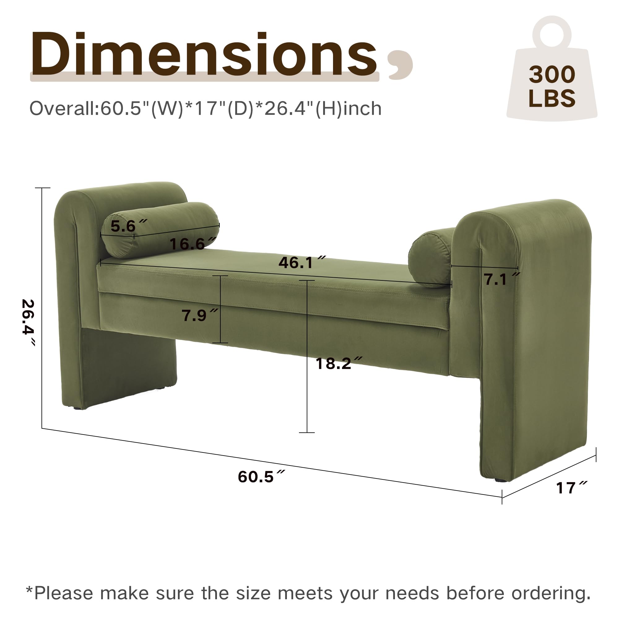 Hdxdkog Storage Bench for Bedroom End of Bed, Velvet Upholstered Rolled Armed Button Tufted Sofa Stool Bench, Storage Ottoman Couch Long Bench with Solid Wood Legs (): Green-60.5 Inch