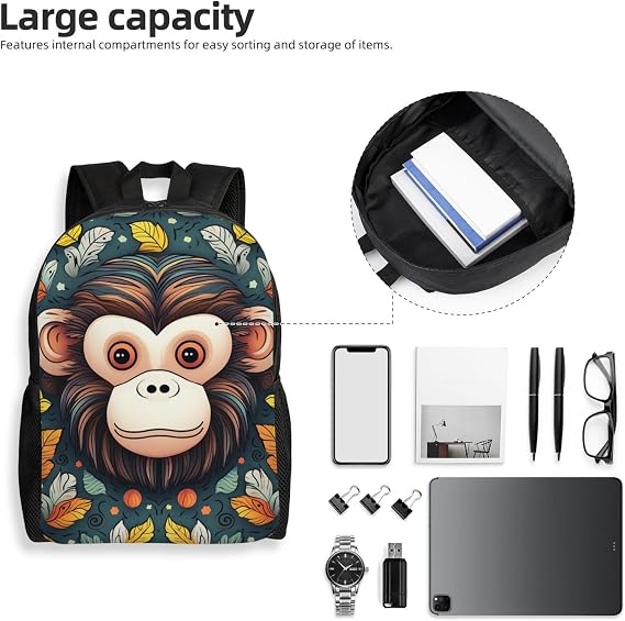Monkey Pattern Cute Backpack Waterproof Lightweight Laptop Backpack Shoulder Bag Casual Daypack For Women Men