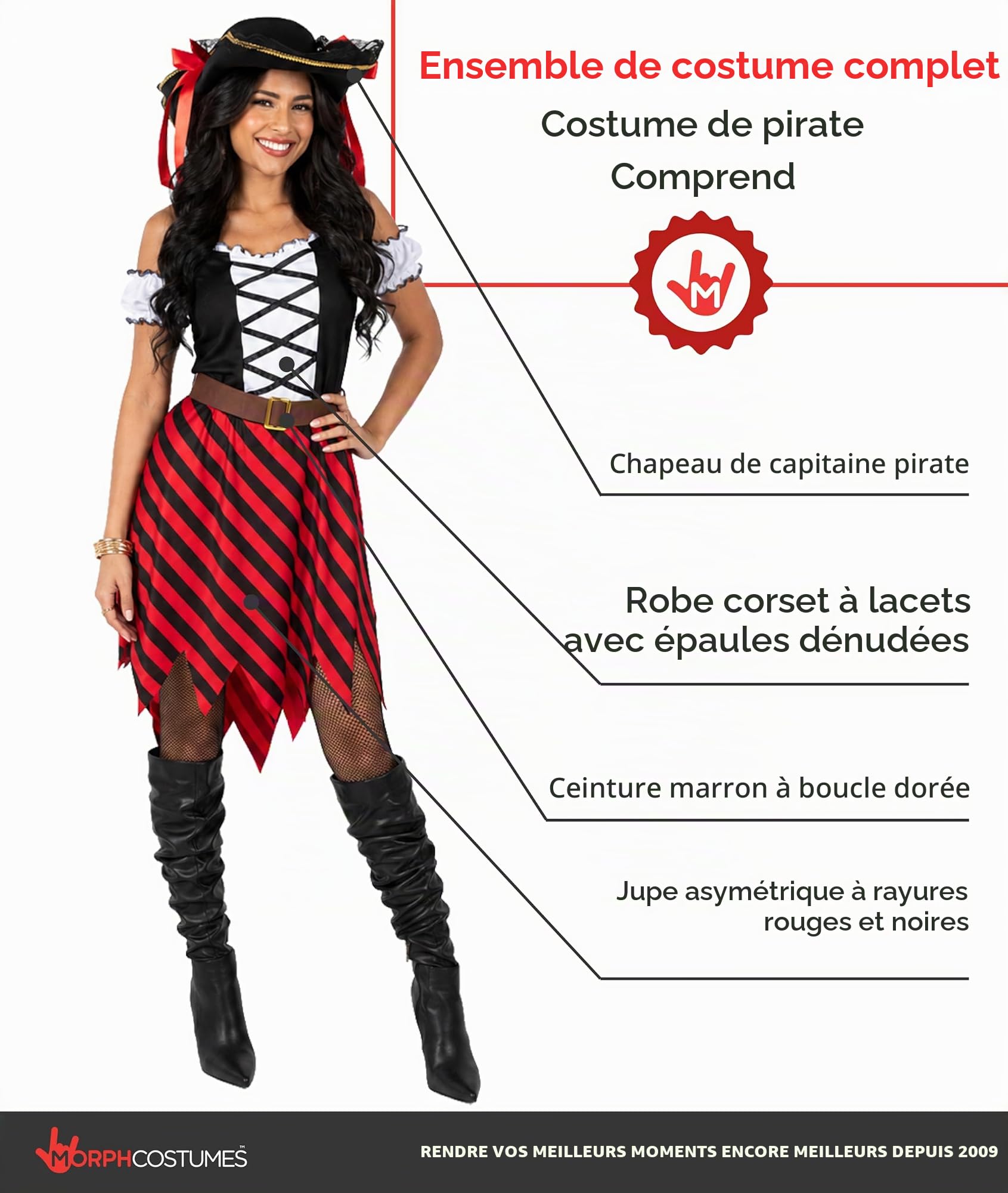 Morph Deguisement Pirate Femme, Costume Pirate Halloween Femme | Chapeau Tricorne, Robe & Ceinture, Look de Pirate, Parfait pour Halloween, Idéal pour se Déguiser
