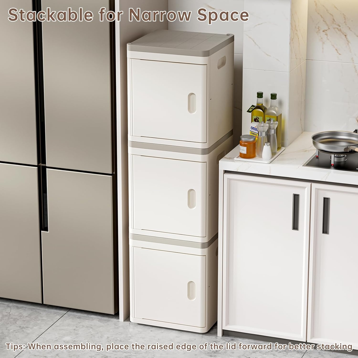 HAIXIN Storage Cabinet 3 Tier - Tall Narrow Bathroom Cabinet with Magnetic Door Toilet Paper Storage Cabinet Plastic Stackable Organizer for Restroom Kitchen