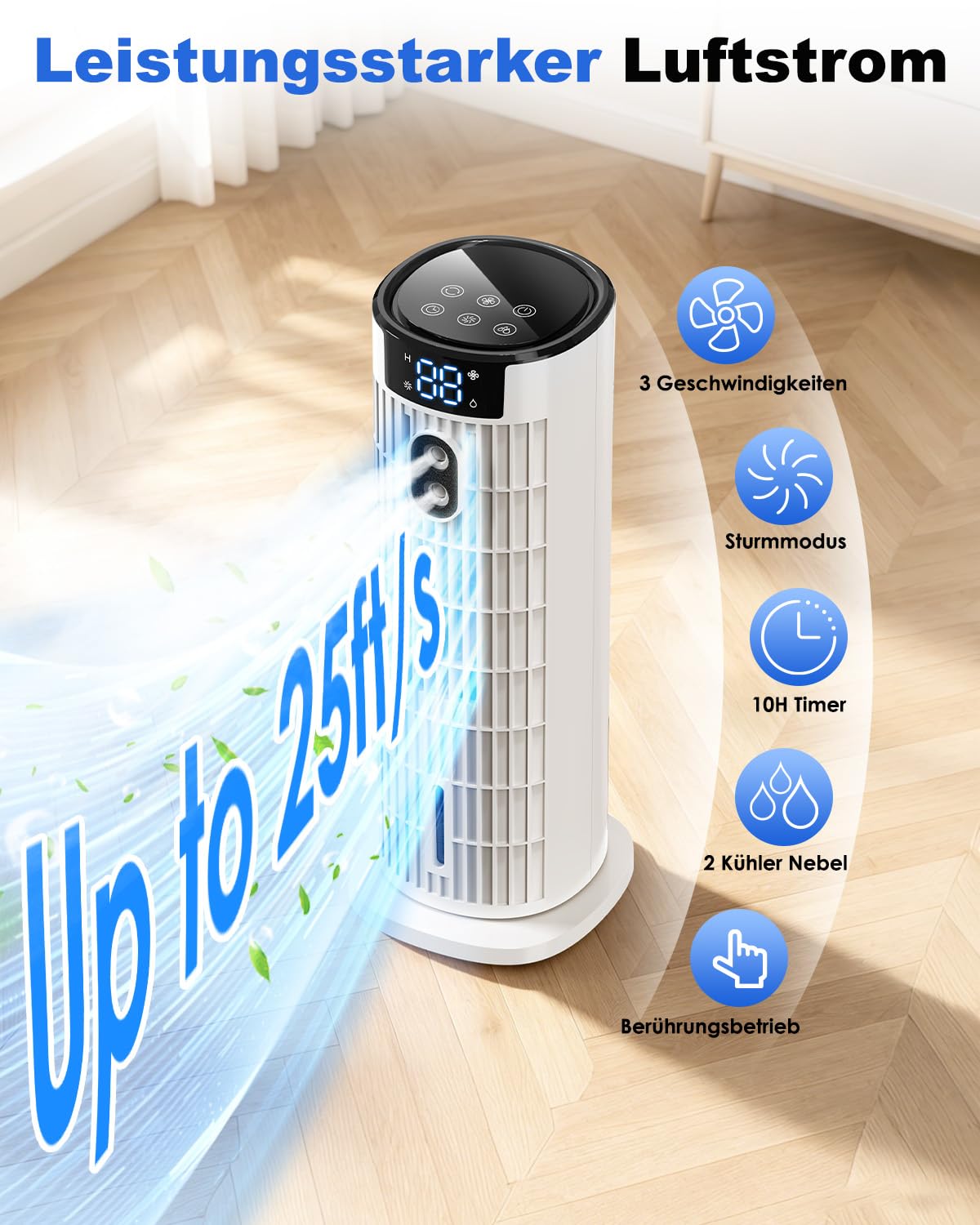 Mobile Klimaanlage 6 in 1 Turmventilator, 90° Oszillation, Timer, LED-Bildschirm, Luftkühler für Zuhause Büro Weiß