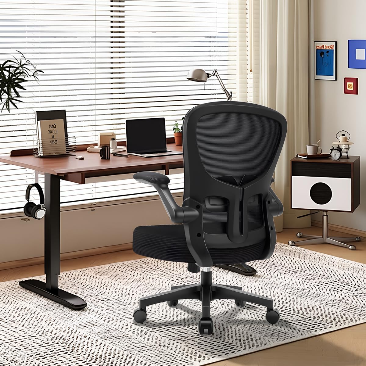 Durrafy Sedia da Ufficio Ergonomica, Braccioli Ripiegabili 90°, Supporto Lombare Regolabile, Rete Traspirante, 130° Inclinazione（Non bloccabile）, 130kg Carico