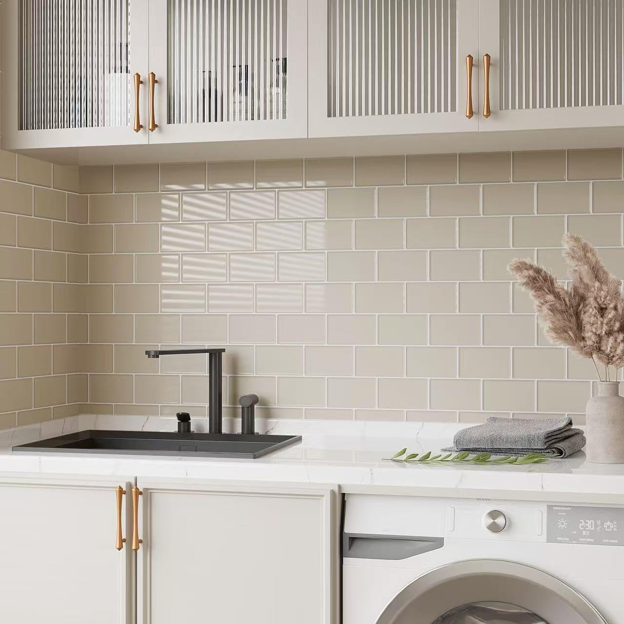 VEELIKE Vinilos Cocina Azulejos Beige 3D Rectangulares Azulejos Adhesivos Baño Adhesivos Pegatinas de Baldosas Adhesivas Pared Comedor Papel Adhesivo para Azulejos Extraíbles 30.5cm×30.5cm 12 Piezas