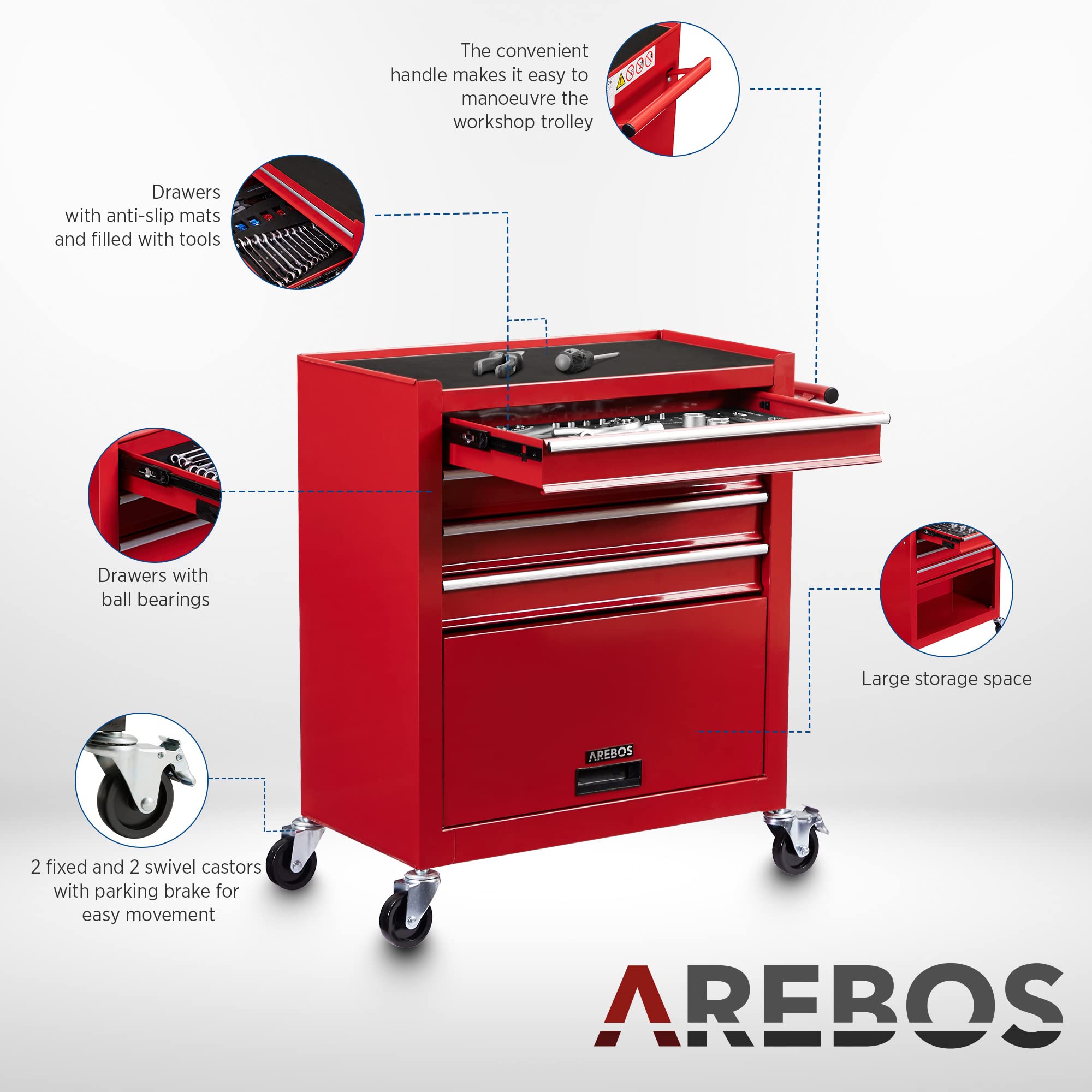 Carrello Portautensili AREBOS 4 Cassetti - Con 81 Attrezzi E Ruote Frenanti - Foto 4