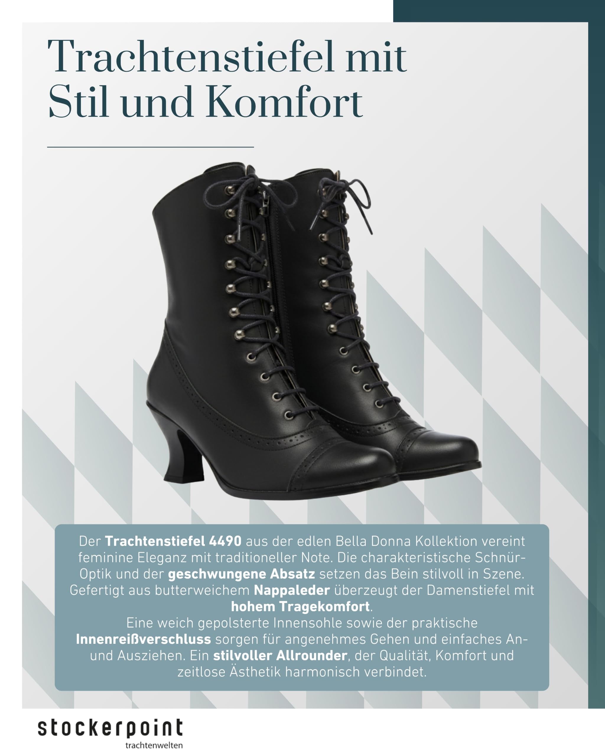 Stockerpoint Damen Stiefel 4490 I Größe 36-42 I Elegante Schuhe aus Echtleder mit Schnürung & Reißverschluss I Bequemer 6,5 cm Absatz I Perfekt für Trachten & Festlichkeiten