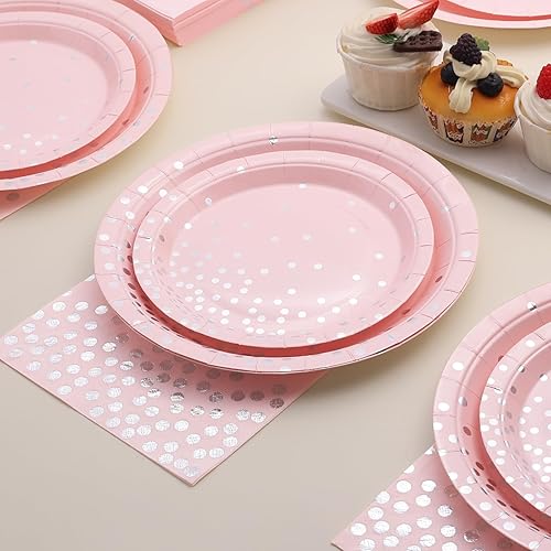 Miniatura 4 de Boocikey 150 platos rosados y servilletas para fiesta, platos de papel rosa desechables para 50 invitados, decoraciones de fiesta rosa y plateado