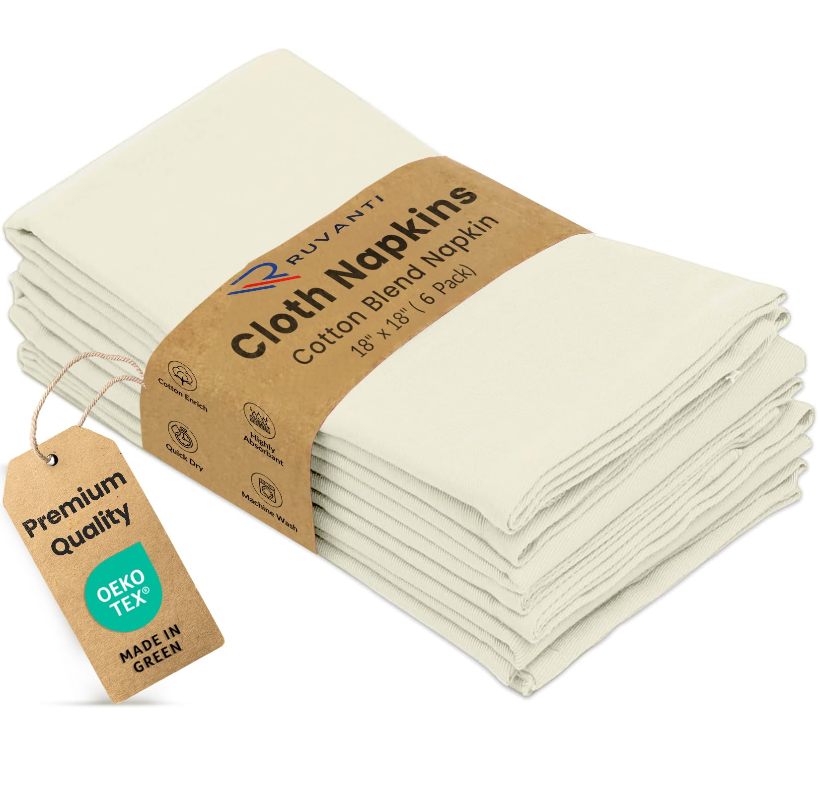 Ruvanti Cloth Napkins Set of 6, Cotton Enrich 18”x18” - Ivory