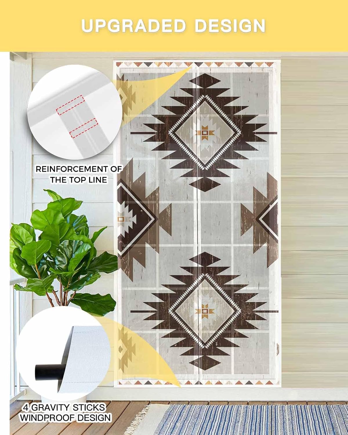 Brown Aztec Magnetic Screen Door, Southwest Boho Tribal Country Motifs Art Hands Free Screens Mesh Size 38" x 83", Reinforce Heavy Duty Mesh Screen Doors for Patio/Front/Sliding Door