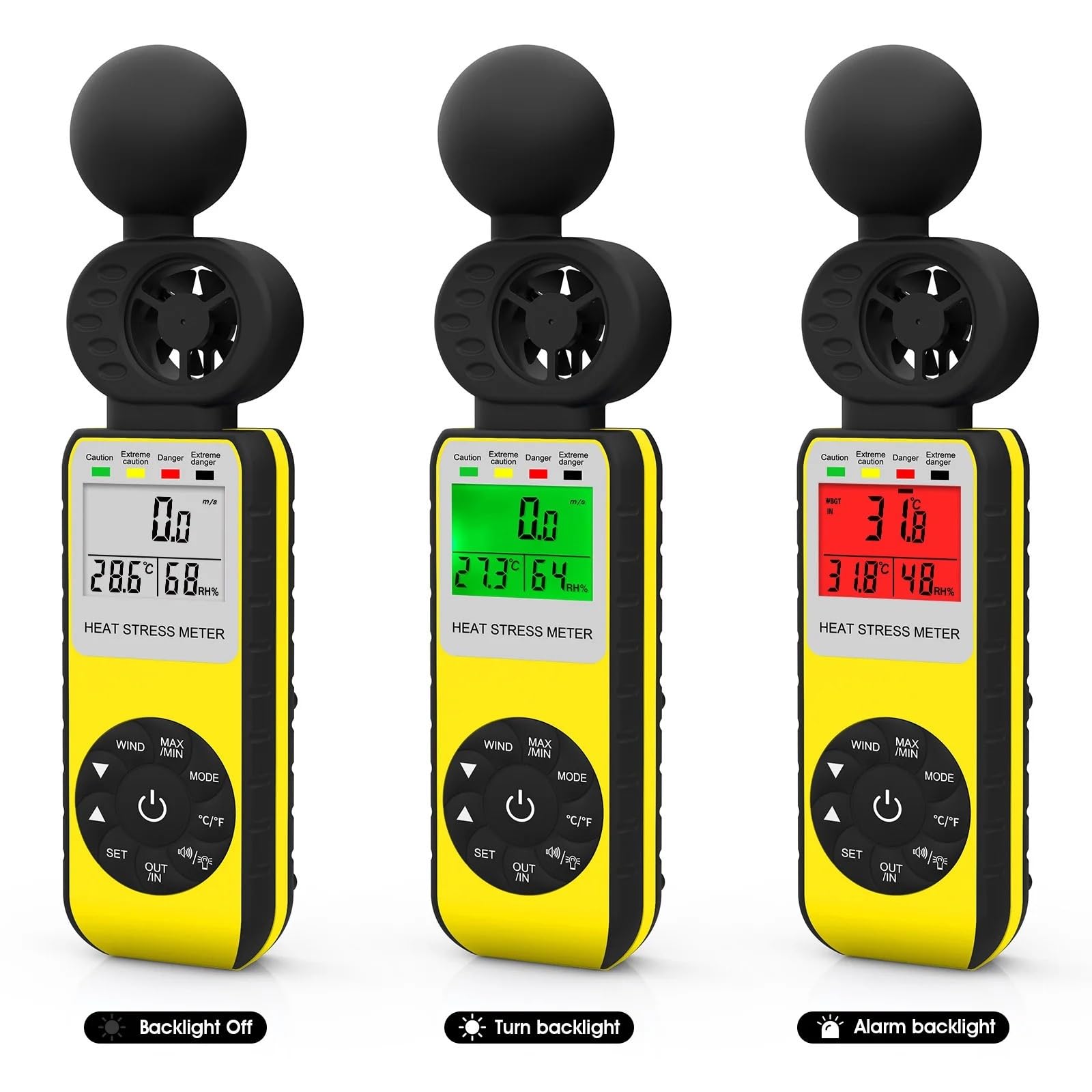 Anemómetro digital con comprobador WBGT for velocidad del viento, medidor de estrés térmico, temperatura del aire y humedad, 4 en 1, 0~30 m/s, 50 ℃