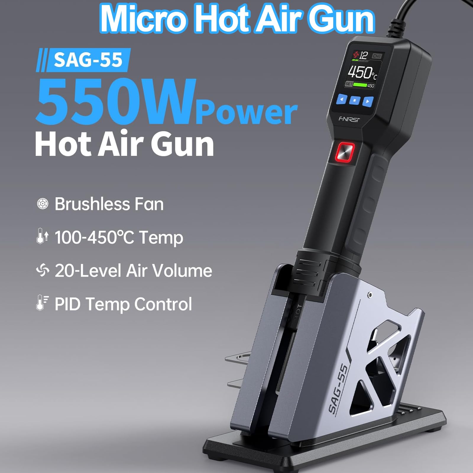Mini Pistola Termica Multifunzione con Display a LED, Stazione di dissaldatura ad Aria Calda, Regolazione del Flusso d'Aria a 20 velocità, Temperatura da 100°C a 450°C