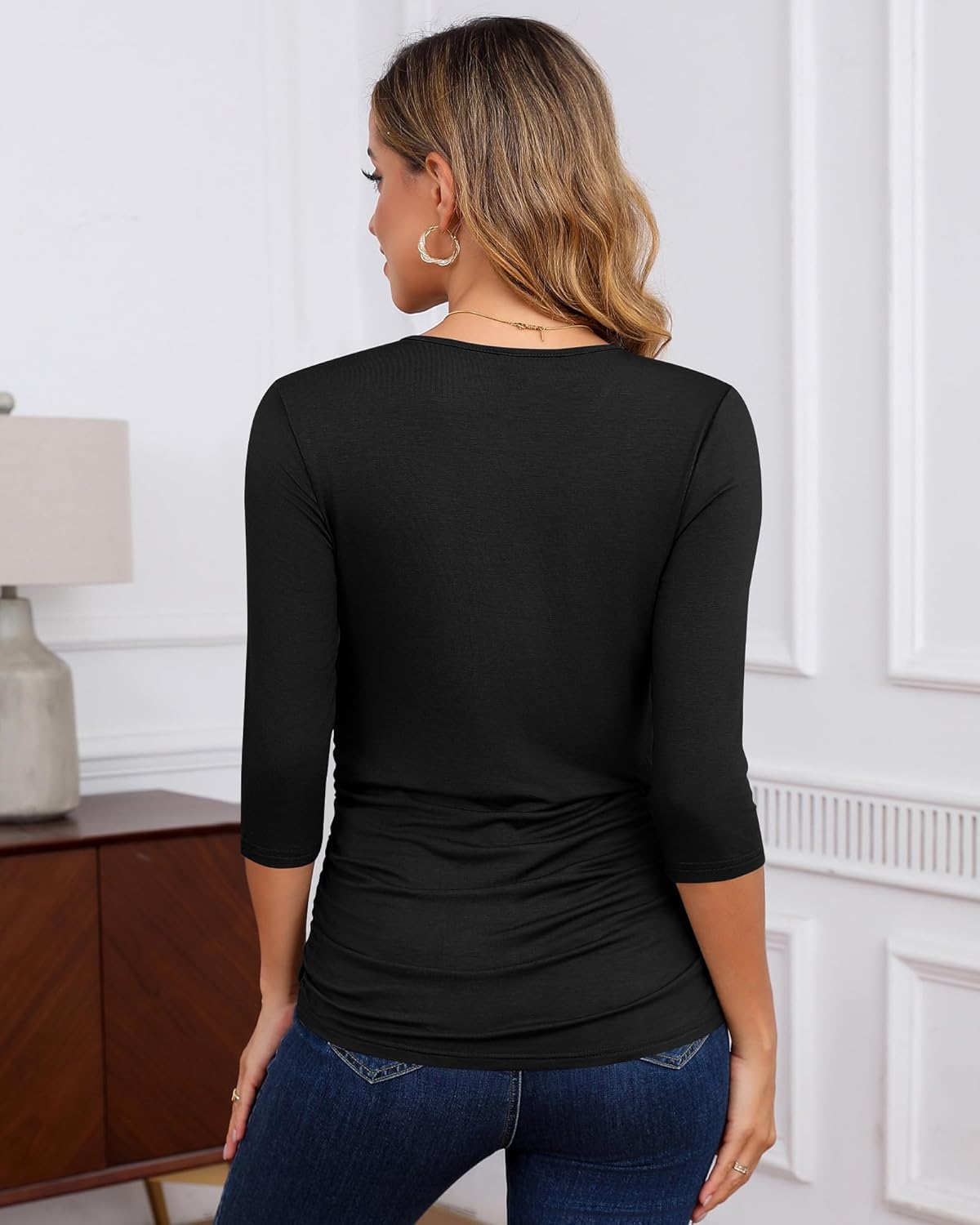 Riyiper 3 Pack Women's Maternity Shirts, 3/4 Sleeve Crew Neck Pregnancy Tee Tops Side Ruched Casual Tunic Pregnant T Shirts - Image 3