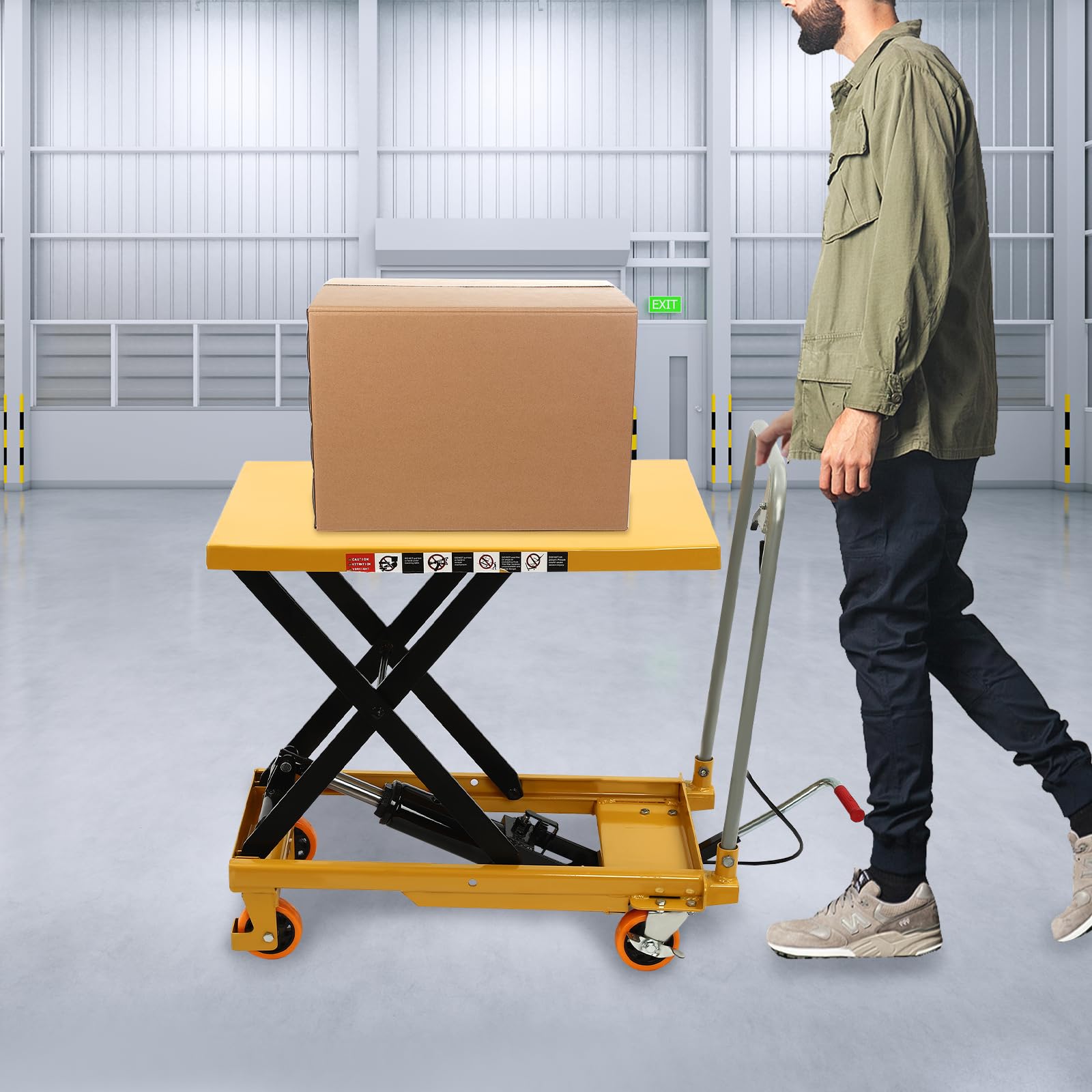 Hydraulic Lift Table Cart 500lbs Capacity, Single Scissor Lift Table Cart with 4 Wheels, Less Noise, Hydraulic Scissor Lift Table for Material Handling and Transportation, Yellow