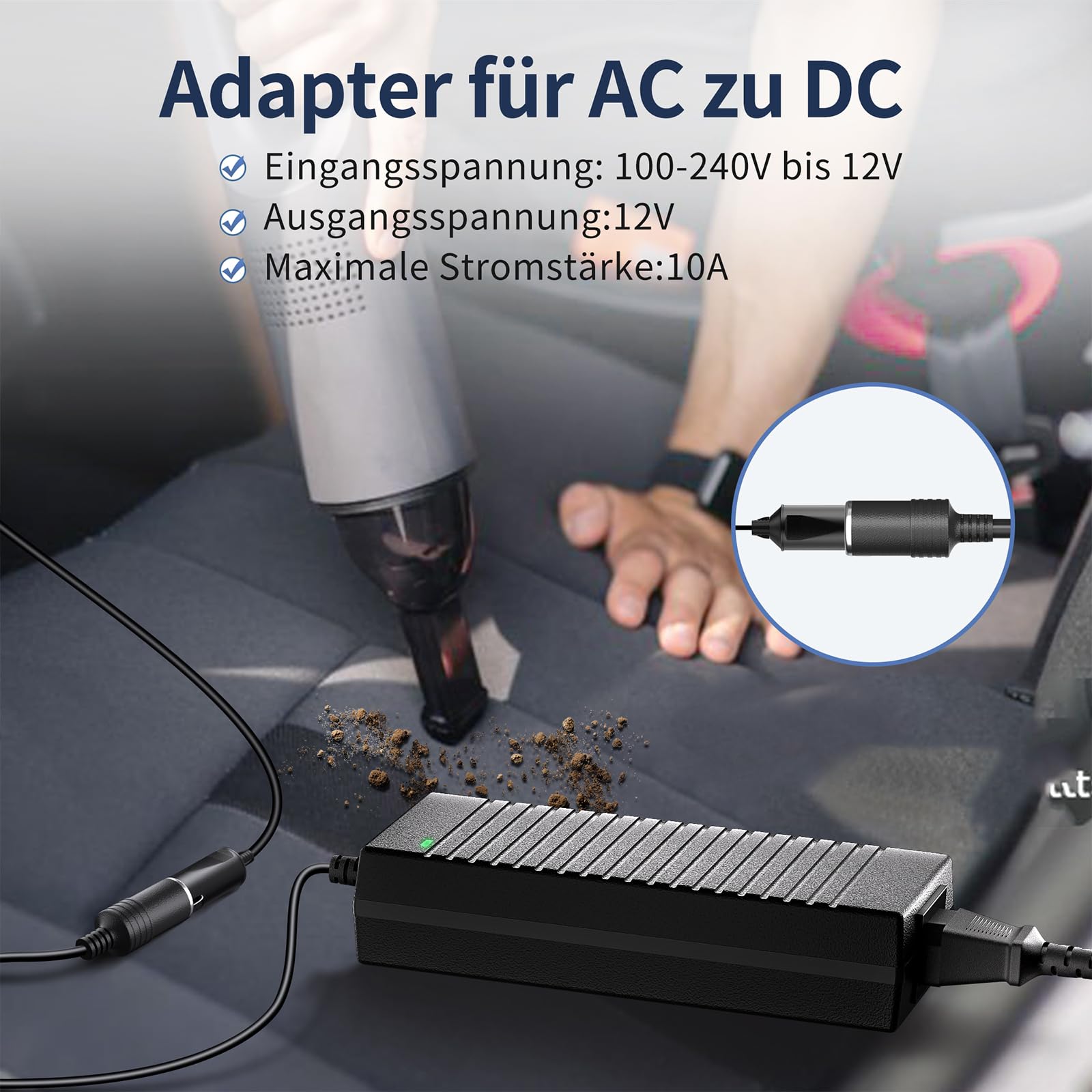 Spannungswandler 230V auf 12V, 120W/10A/2.65M KFZ Netzadapter mit Zigarettenzünder auf Steckdose, Adapter für Kühlbox Reifenfüller, Autostaubsauger und andere Autogeräte C10